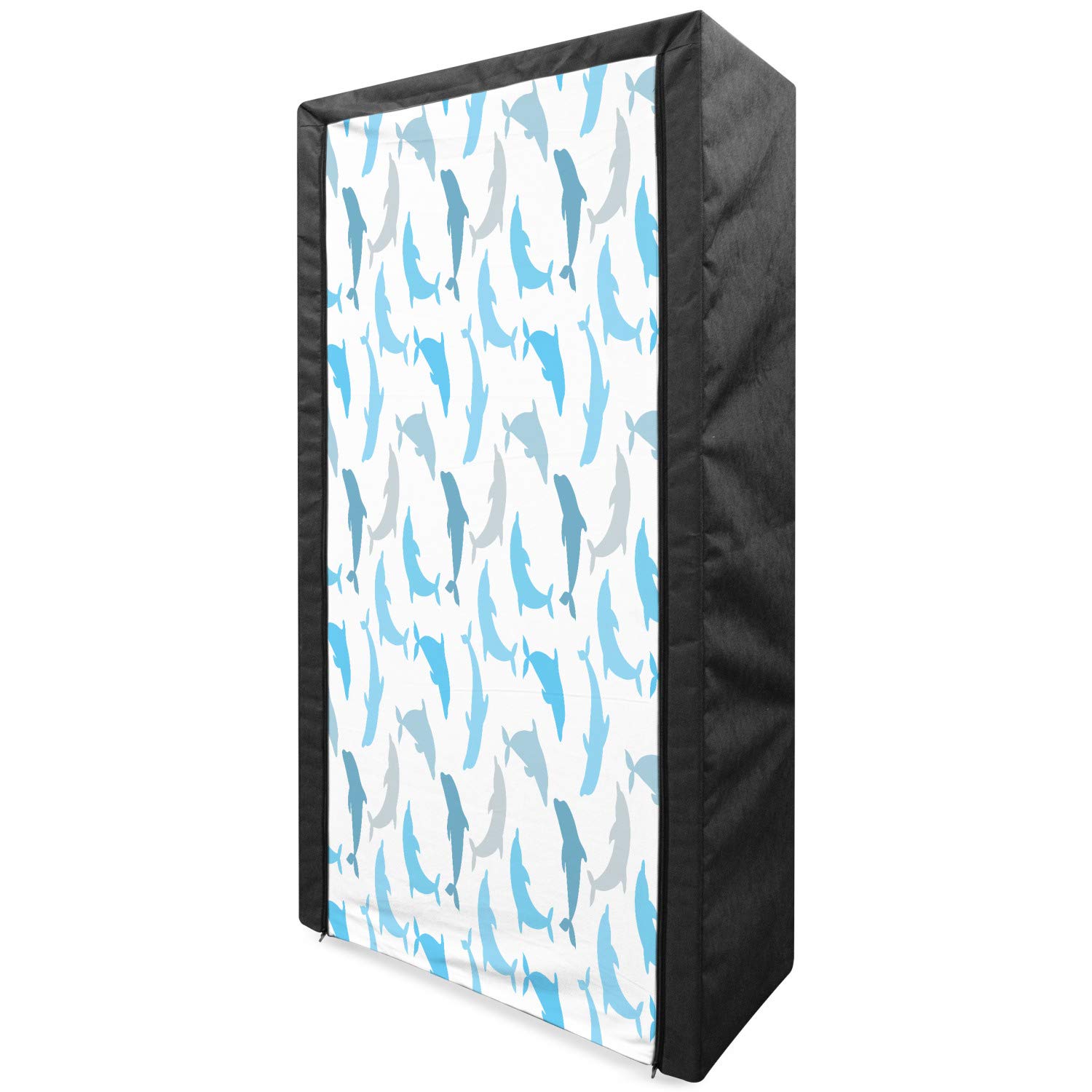 Ambesonne Sea Animals Portable Fabric Wardrobe - Dolphin Fish Underwater Ocean Themed Clothing Organizer with Shelves, 33.5 Inch, White Blue Grey - Perfect for Bedroom, Closet & Dorm Storage Organization