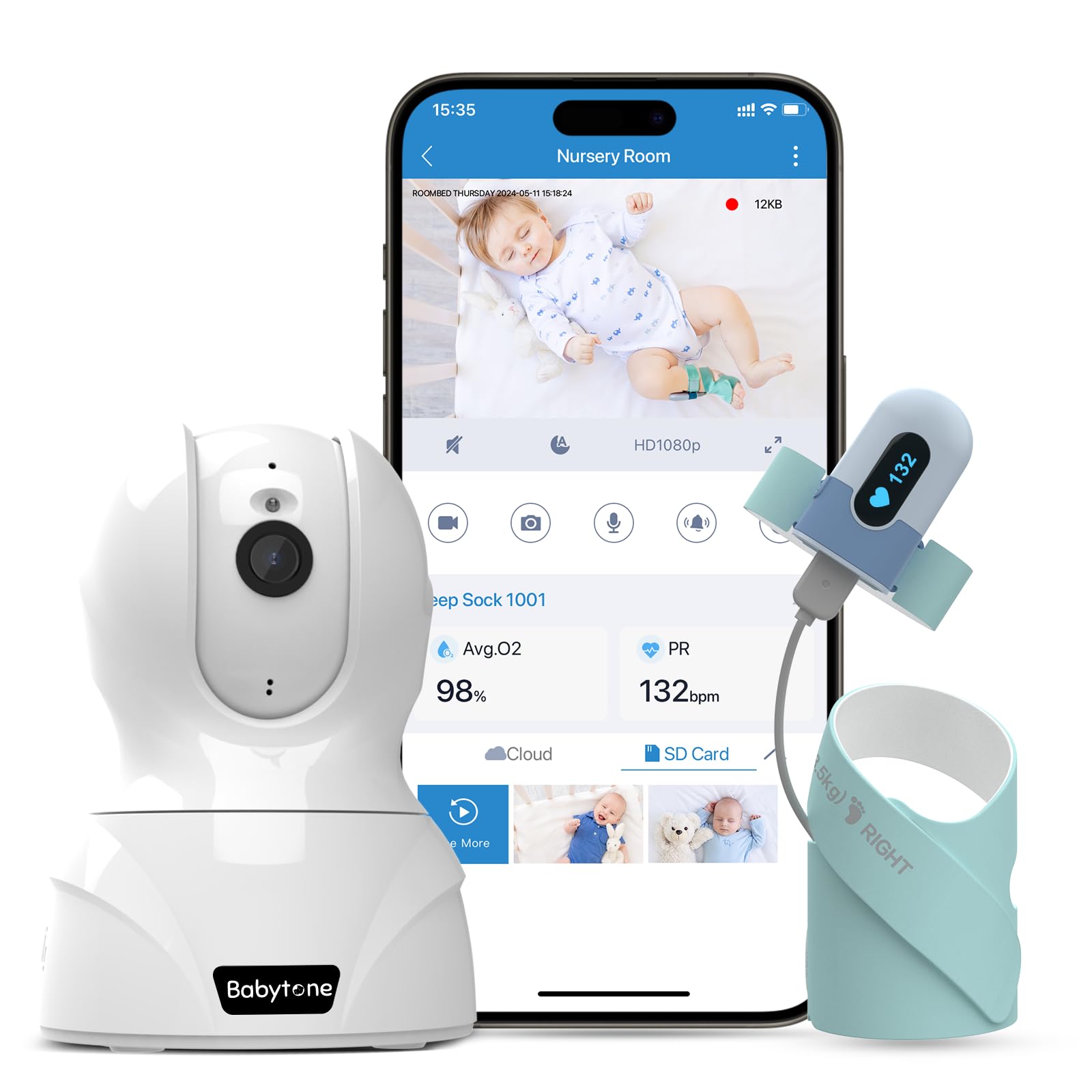Babytone Smart Baby Monitor with HD Camera & Sleep Sock - Track Heart Rate, Oxygen Levels, Motion Detection, 2-Way Audio & 1080P Night Vision | Cry Alert & App Control for Newborns & Toddlers | Perfect for Nursery, Daycare & Travel Use