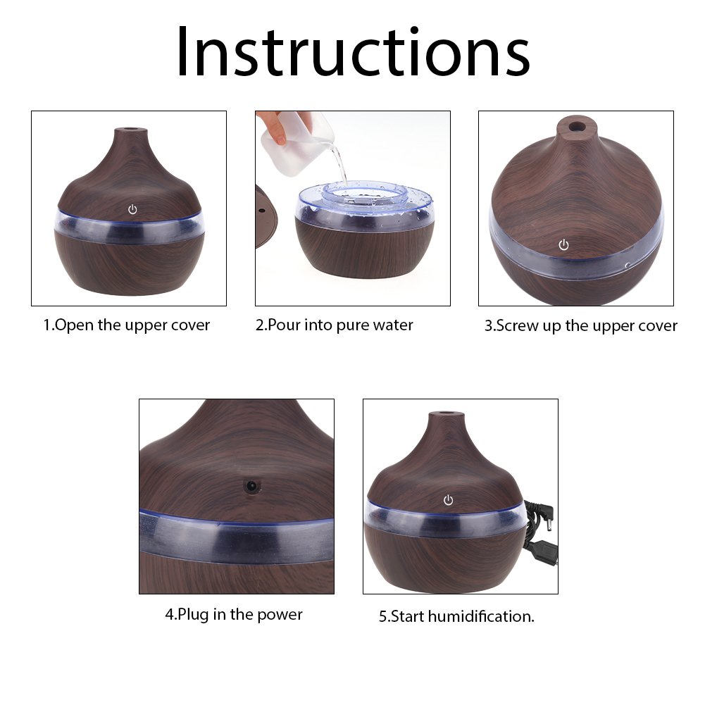 Wood Grain Humidifier 300ml - USB Powered Cool Mist Humidifier with Colorful LED Night Light for Home, Office, Car & Bedroom - Perfect for Dry Air Relief, Aromatherapy & Baby Nursery