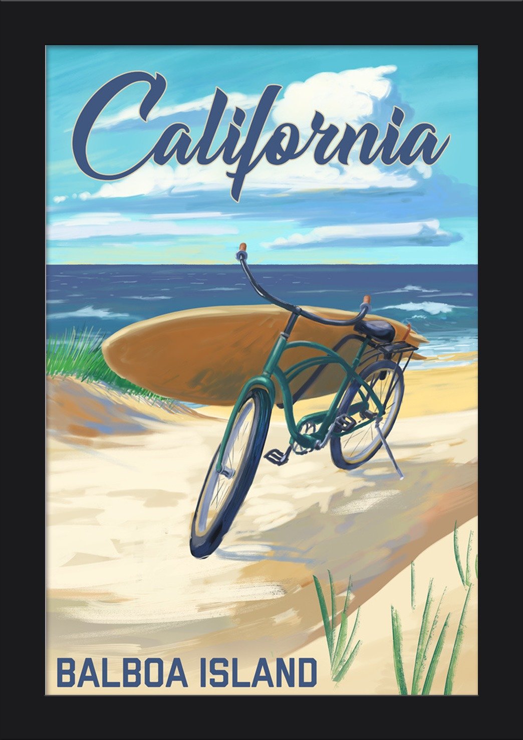 Balboa Island California Beach Cruiser Bicycle 12x18 Giclee Fine Art Print - Recycled Wood Frame in Black - Perfect for Coastal Home Decor & Beach House Wall Art