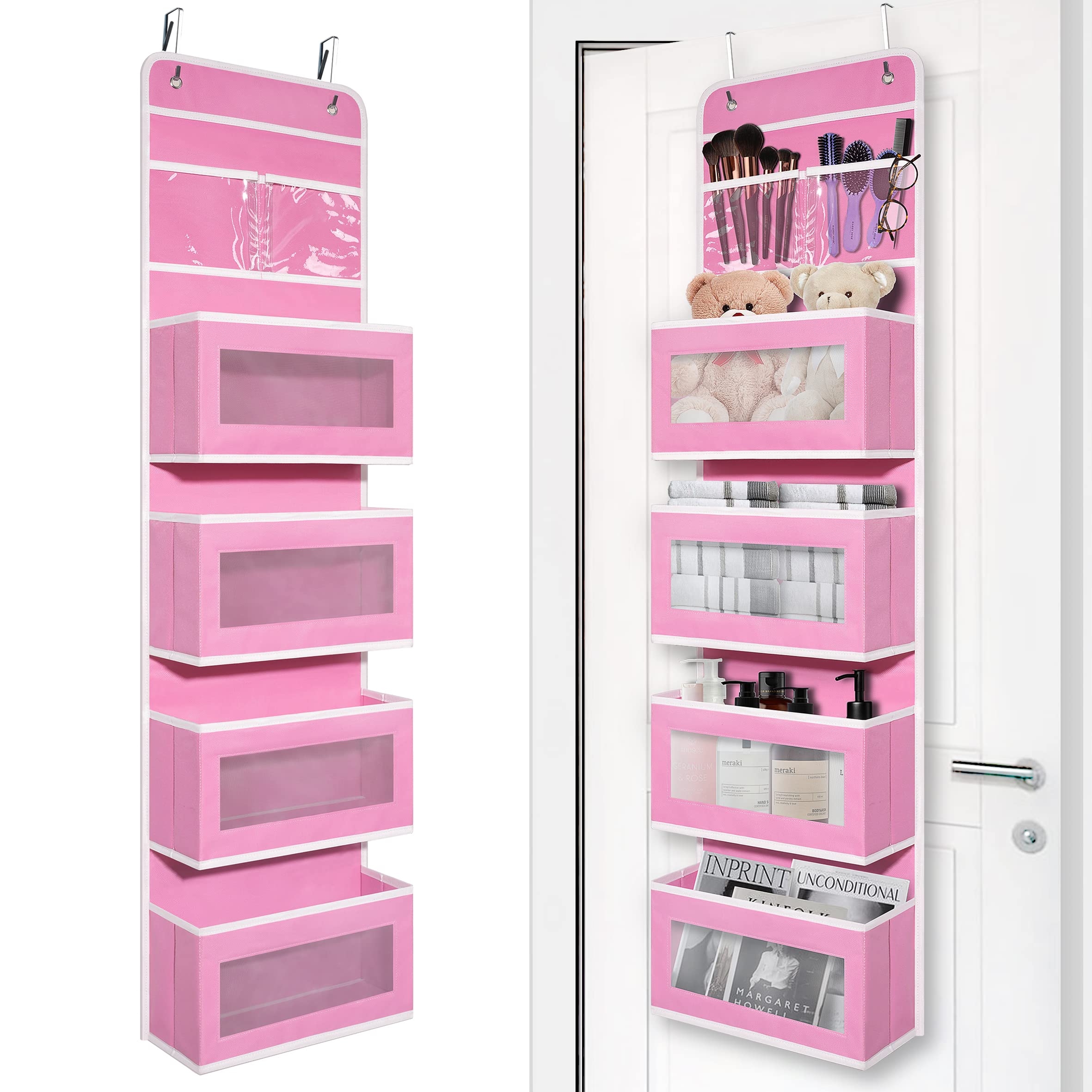Over Door Organizer with 4 Large Pockets - Hanging Storage for Closet, Bathroom, Nursery & Dorm - Perfect for Toys, Cosmetics, Baby Essentials & Home Organization (Pink) - Ideal for Small Space Storage & Decluttering