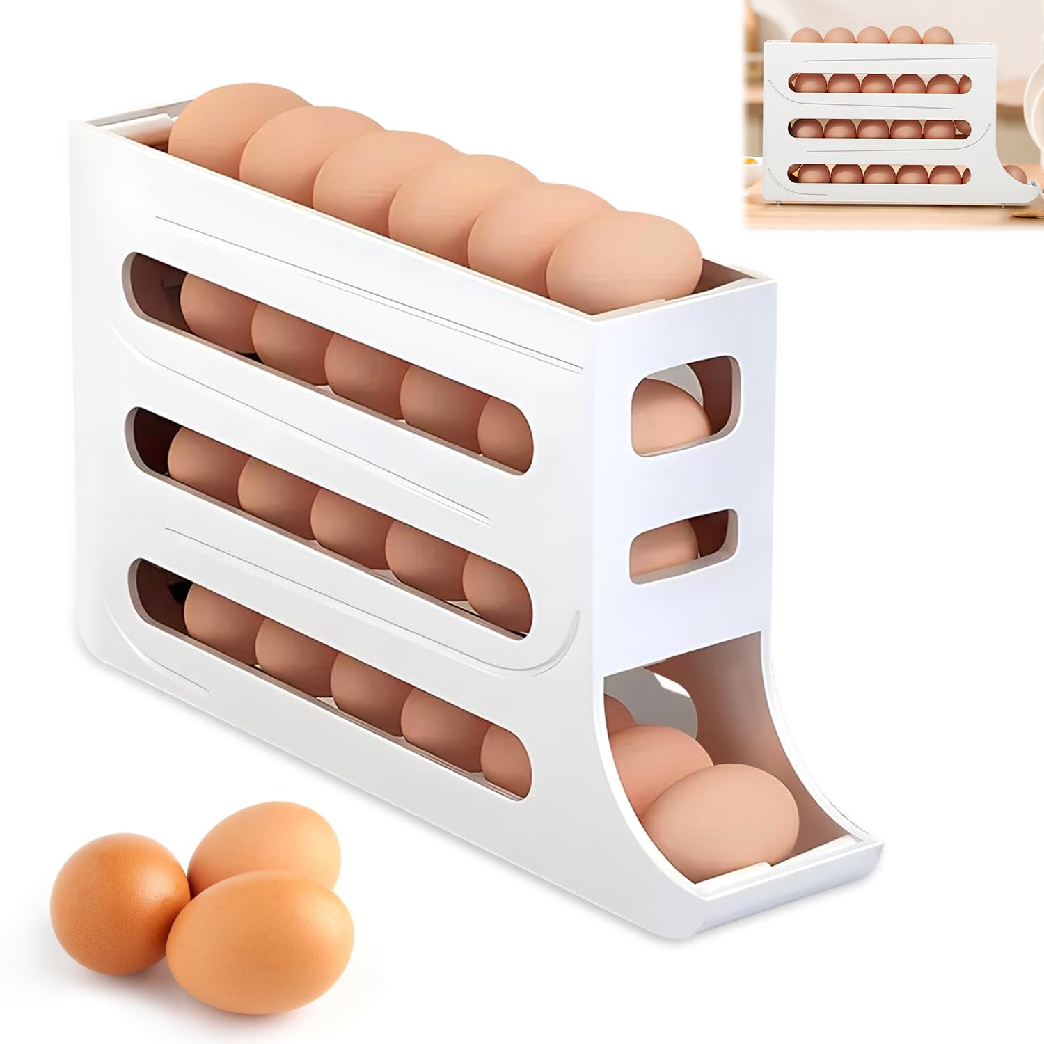 4-Tier Auto Rolling Egg Holder for Refrigerator - Large Capacity 30 Egg Organizer & Dispenser Storage (White) | Traboto-0011 | Perfect for Kitchen Organization & Fresh Egg Storage