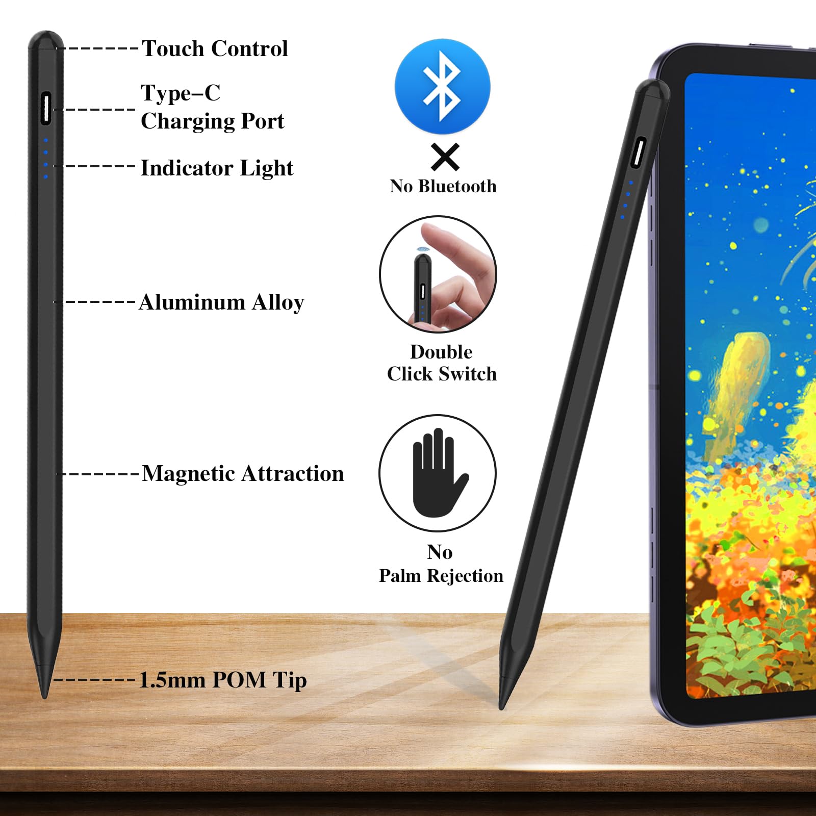 Rechargeable Active Stylus Pen for iPad Pro/Air/Mini & iPhone - POM Tip Magnetic Touch Screen Stylus with Precision Control - Perfect for Drawing, Note-Taking & Digital Art (Black)