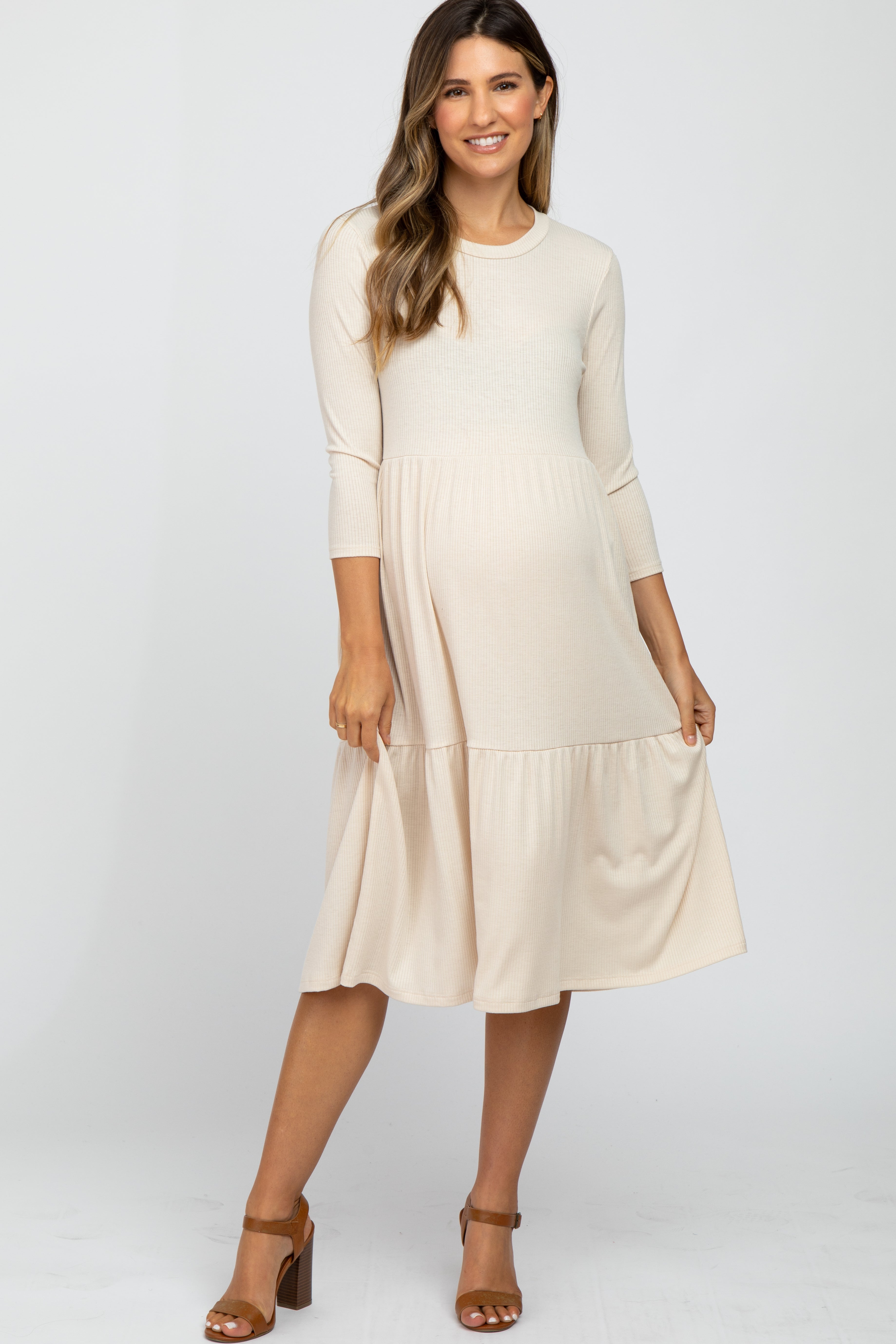 Beige Tiered Ribbed 3/4 Sleeve Maternity Midi Dress for Pregnancy - Comfortable Nursing Dress for Women, Perfect for Baby Shower, Maternity Photo Shoot & Casual Outings