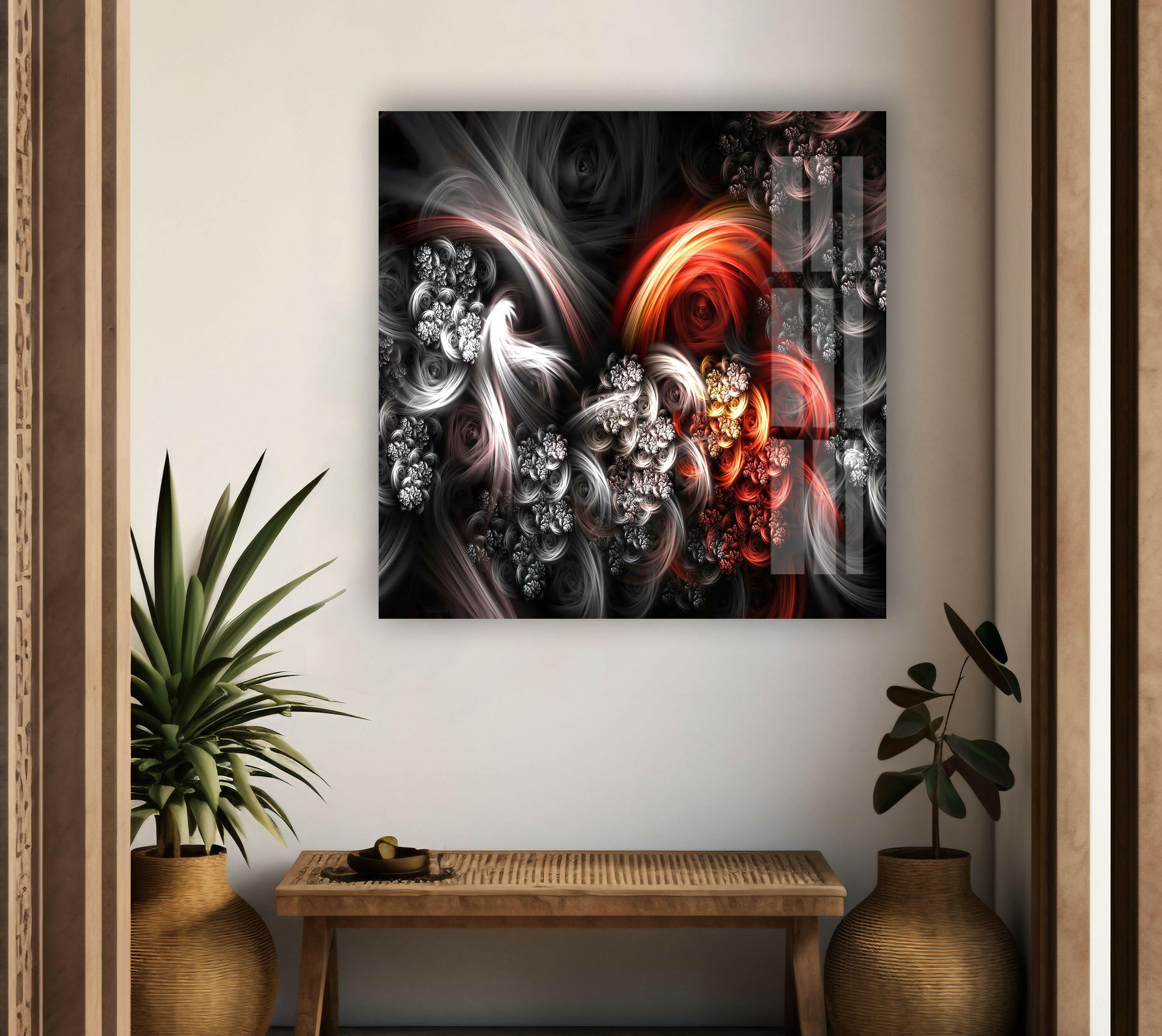 Modern Black and Red Fractal Glass Wall Art - Handmade Abstract Home Decor for Living Room, Bedroom & Office - Unique Contemporary Wall Hanging for Interior Design