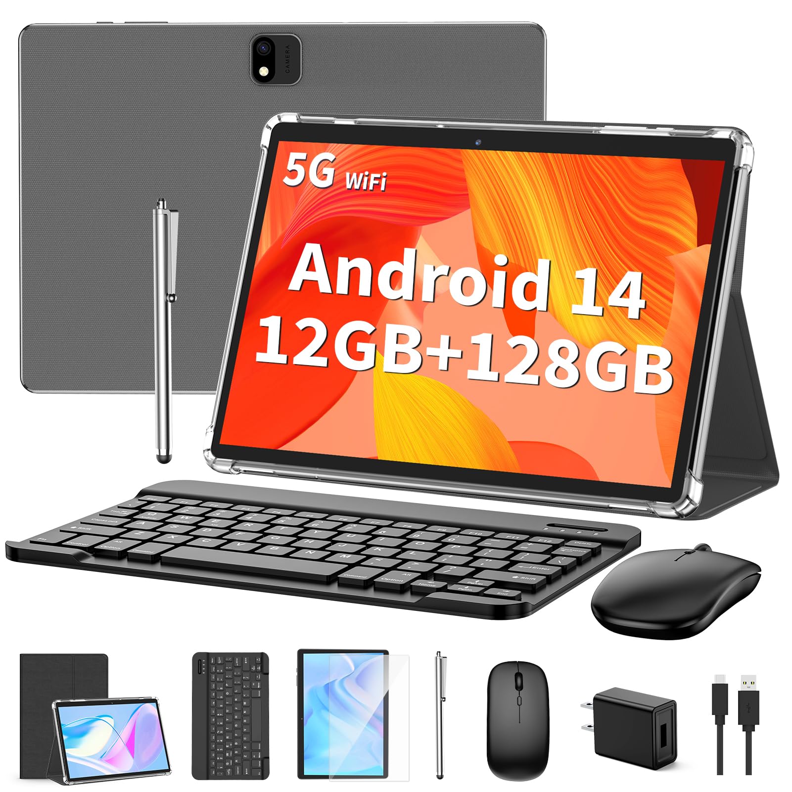 2-in-1 Android 14 Tablet with Keyboard - 10 Inch 12GB RAM 128GB Storage (1TB Expandable) - Includes Case, Mouse & Stylus - 8000mAh Battery, Dual-Band WiFi, GPS - Perfect for Work, Study & Entertainment - Black