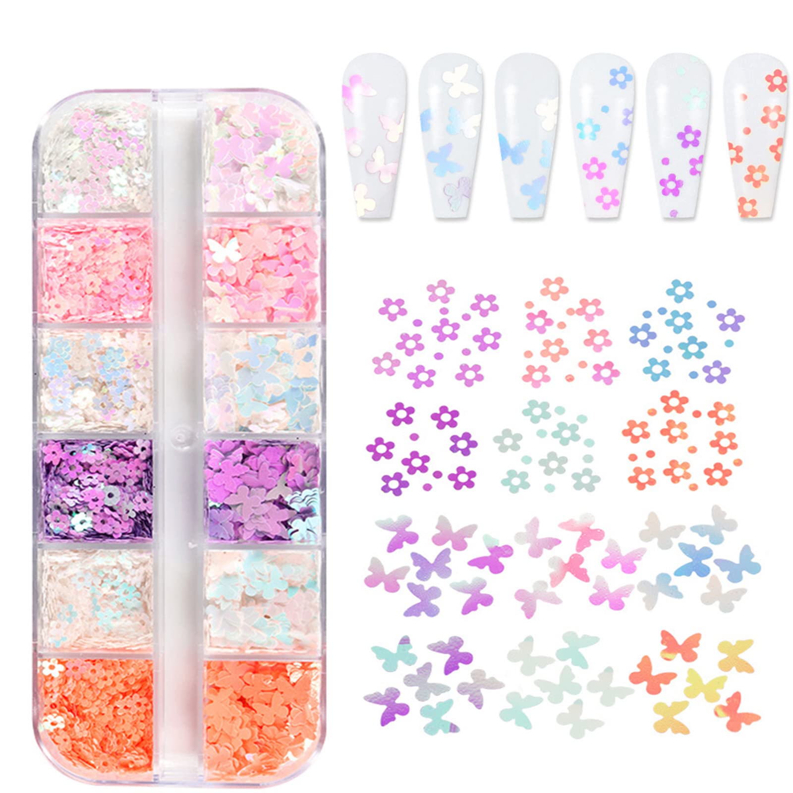 12 Grids Gradient Nail Glitter Sequins - 3D Cherry Blossom & Butterfly Nail Art Flakes for Professional Manicure | DIY Nail Decoration Accessories for Salon, Party & Special Occasions