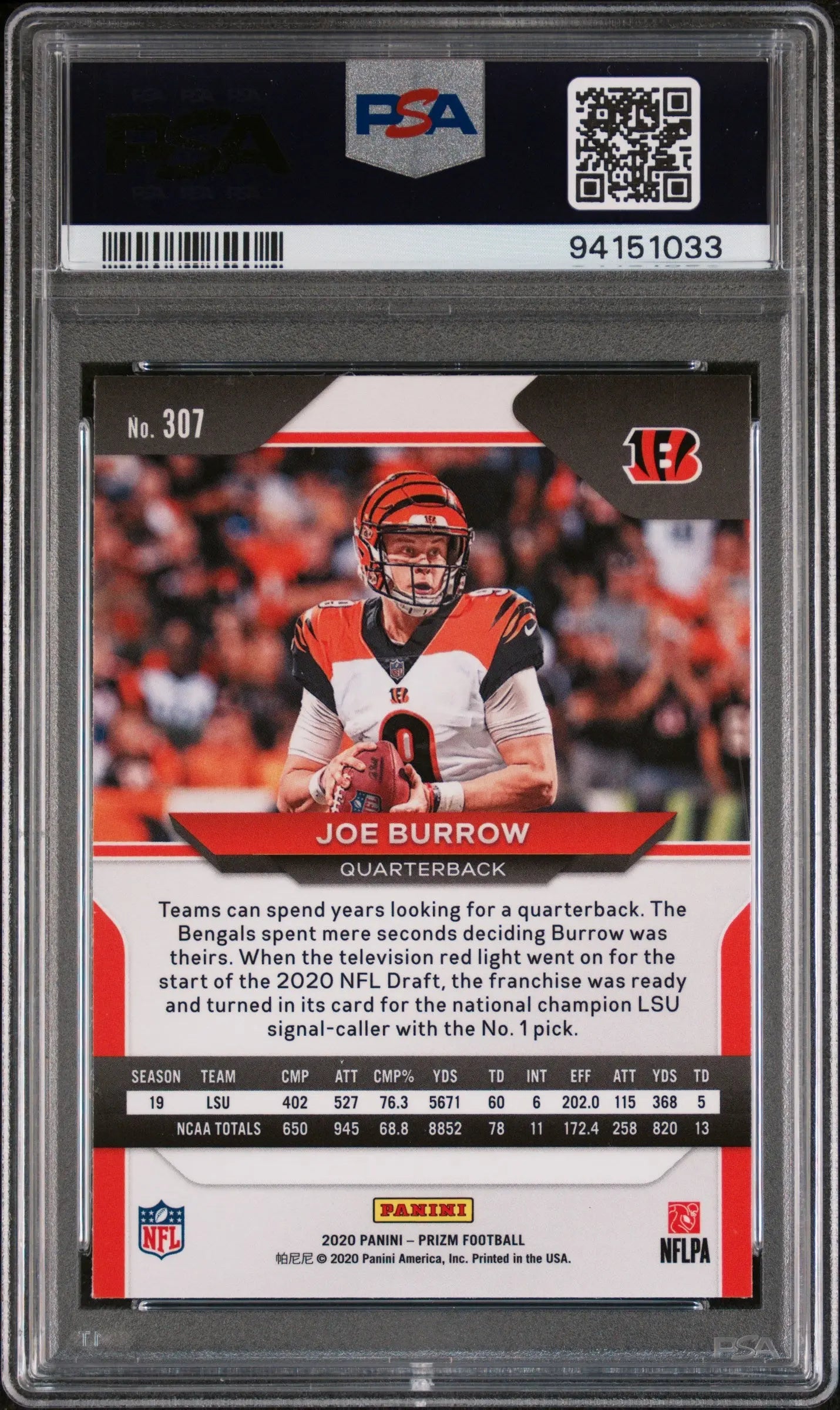 2020 Panini Prizm Football Joe Burrow Rookie Card PSA 10 Gem Mint #307 - Perfect for Collectors, Sports Memorabilia Displays & Investment