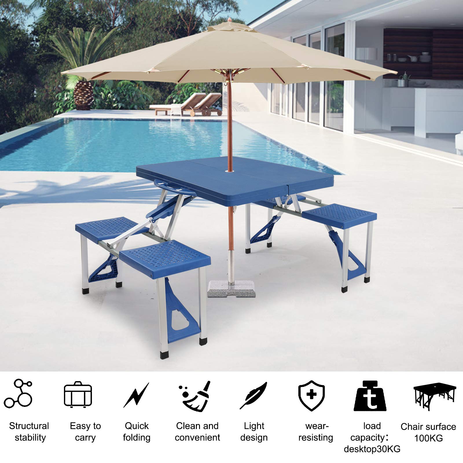 Portable Folding Picnic Table with 4 Seats - Lightweight Camping Table for Outdoor Travel, Beach, Backyard & Patio - Includes Umbrella Hole & Carry Handle (Blue) - Perfect for Camping, Picnics, BBQs & Tailgating