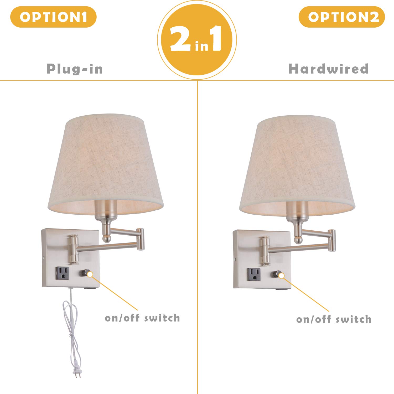 Dimmable Swing Arm Wall Sconce Light with USB Port & Outlet - Adjustable Fabric Shade Bedside Lamp in Satin Nickel for Bedroom, Living Room & Hotel - Perfect for Reading, Nightstand Lighting & Modern Home Decor