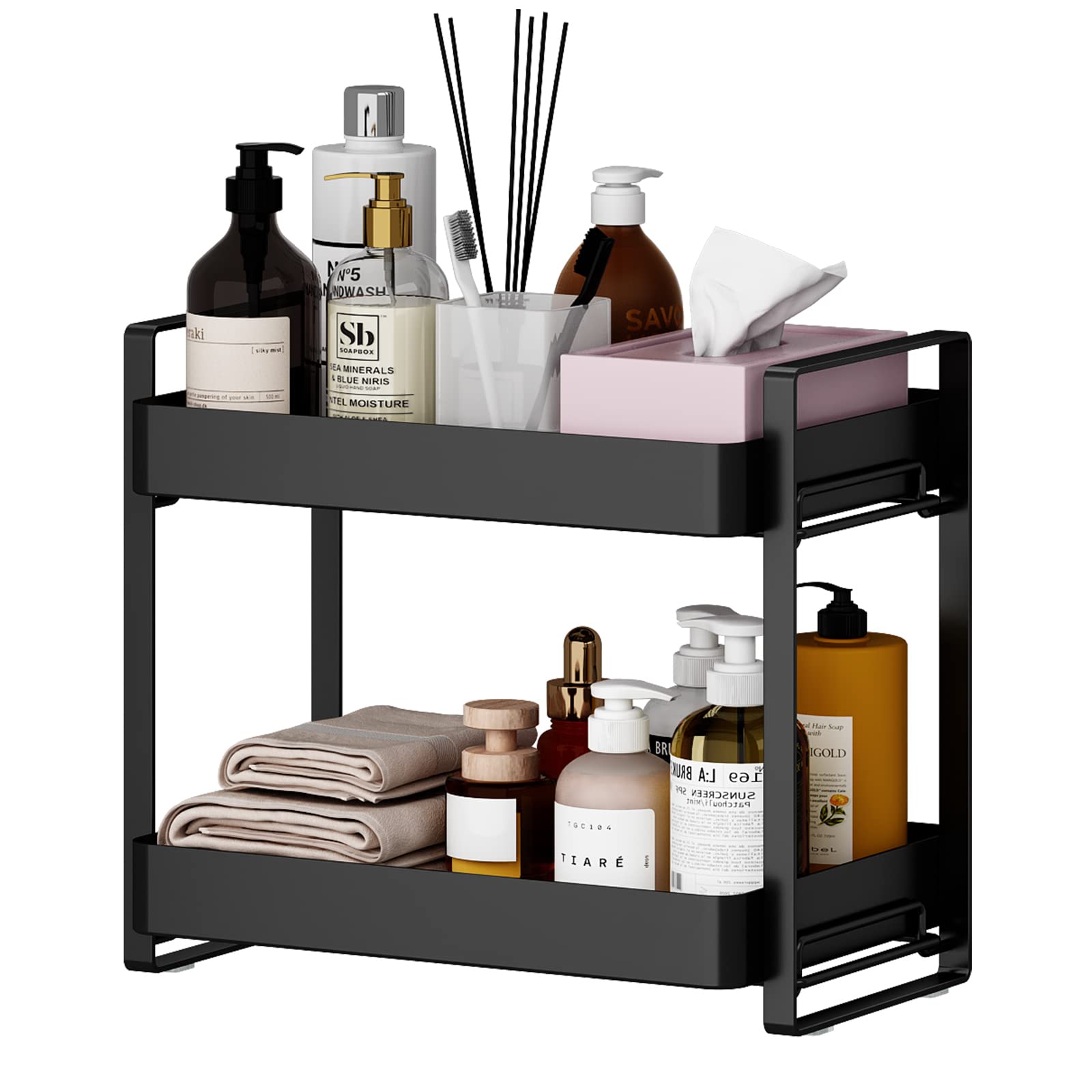 GILLAS 2 Tier Black Large Bathroom Counter Organizer - Makeup Cosmetic Organizer Rack, Vanity Storage Tray & Standing Shelf for Bathroom Countertop Organization | Perfect for Small Spaces, Makeup Brushes, Skincare Products & Jewelry Storage
