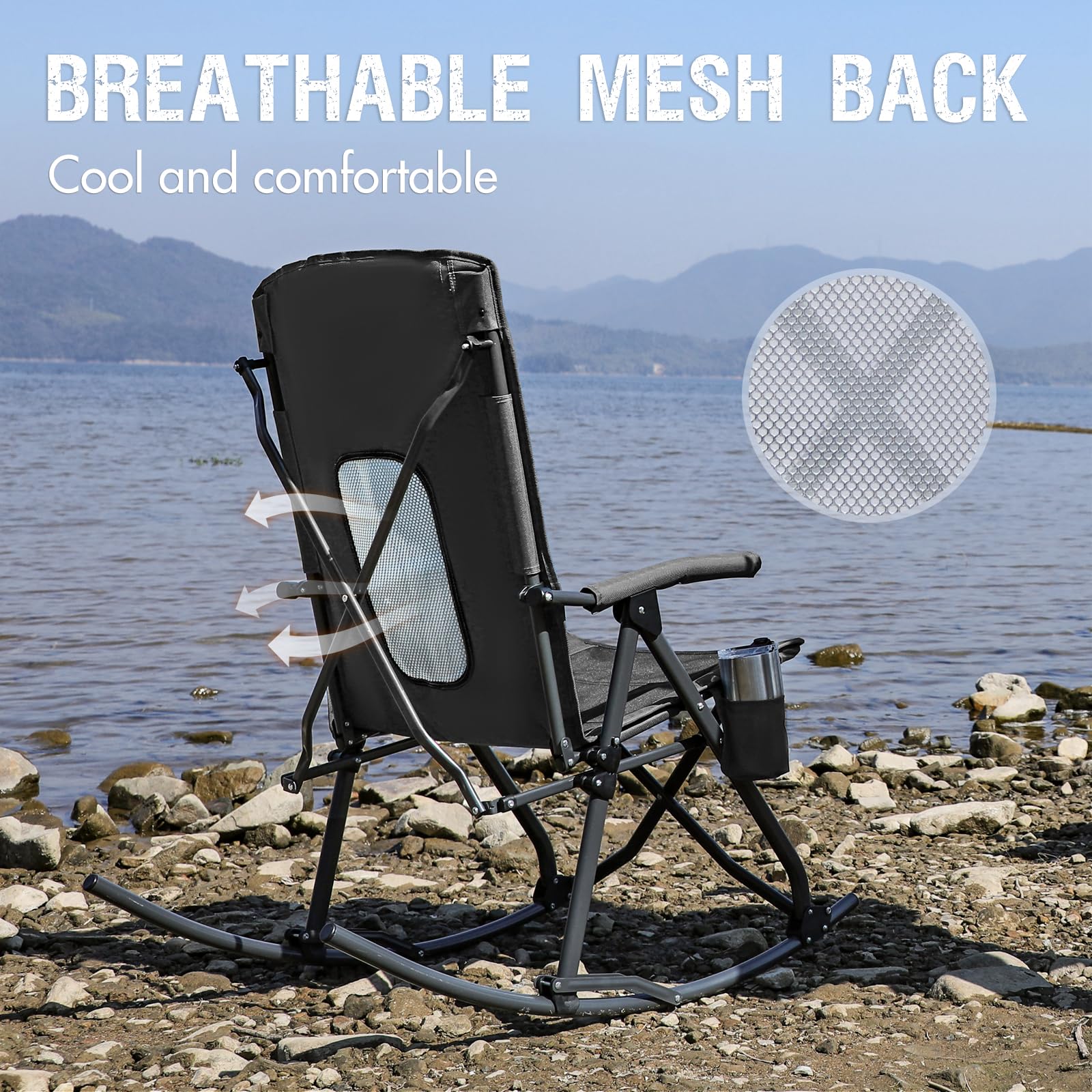 **PORTAL Oversized Folding Rocking Camping Chair - Portable Outdoor Rocker with High Back, Hard Armrests & Carry Bag - Supports 400 lbs, Breathable Mesh Back - Perfect for Camping, Beach, Backyard & Patio Relaxation**