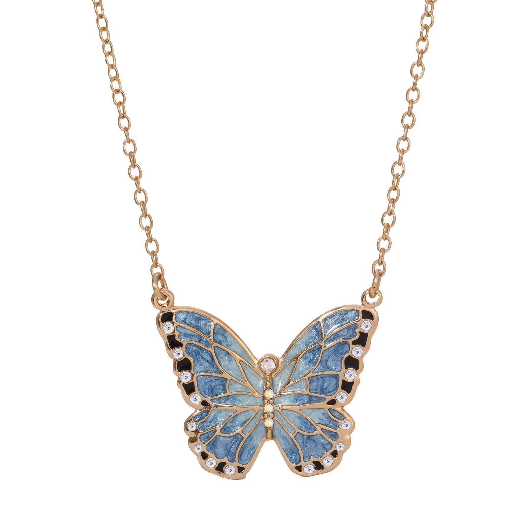 1928 Blue Enamel Crystal Butterfly Pendant Necklace for Women - 18