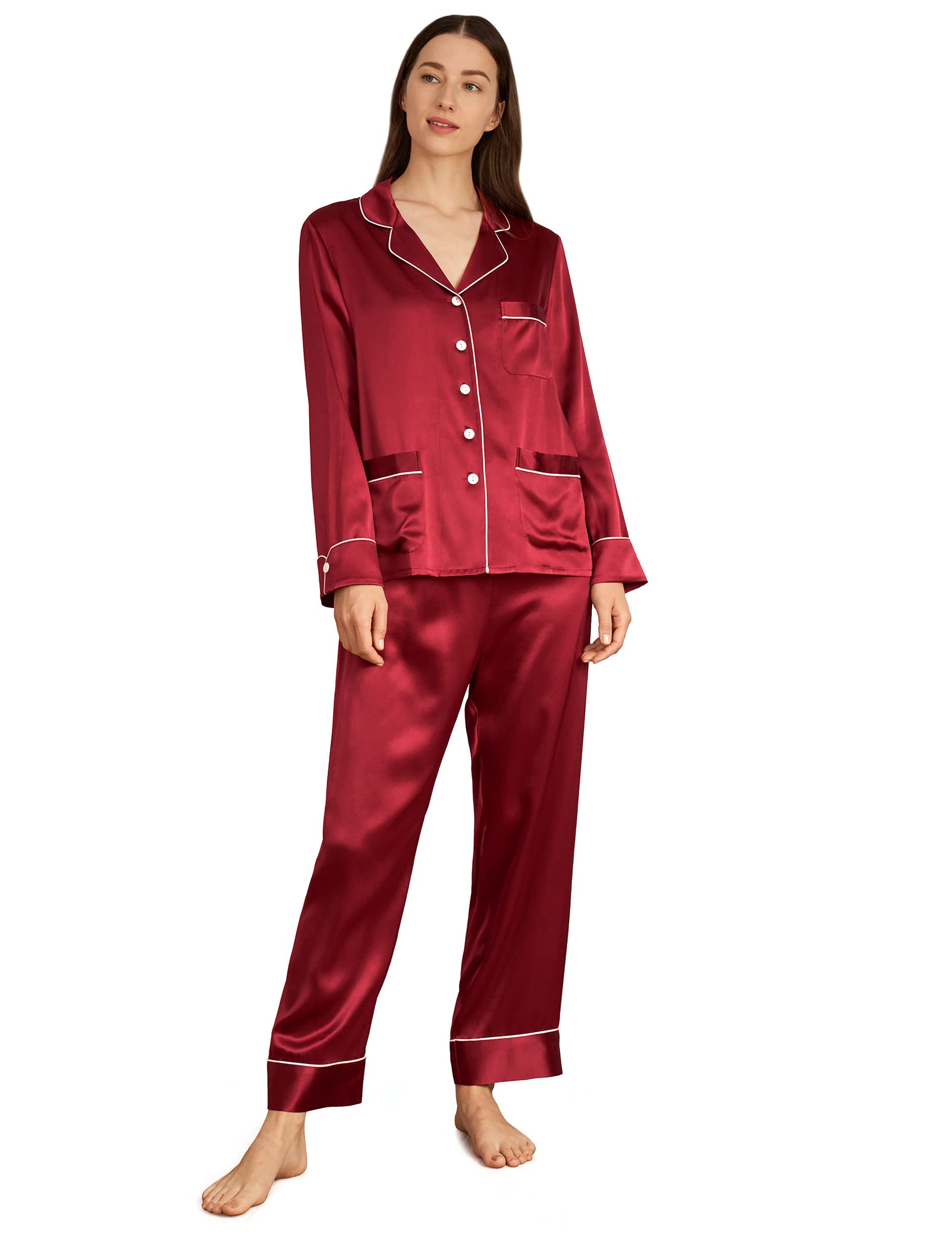 LilySilk Women's Long Silk Pajama Set - V-Neck Notched Collar with White Trim - Luxurious Sleepwear for Comfortable Nights & Relaxing Evenings at Home