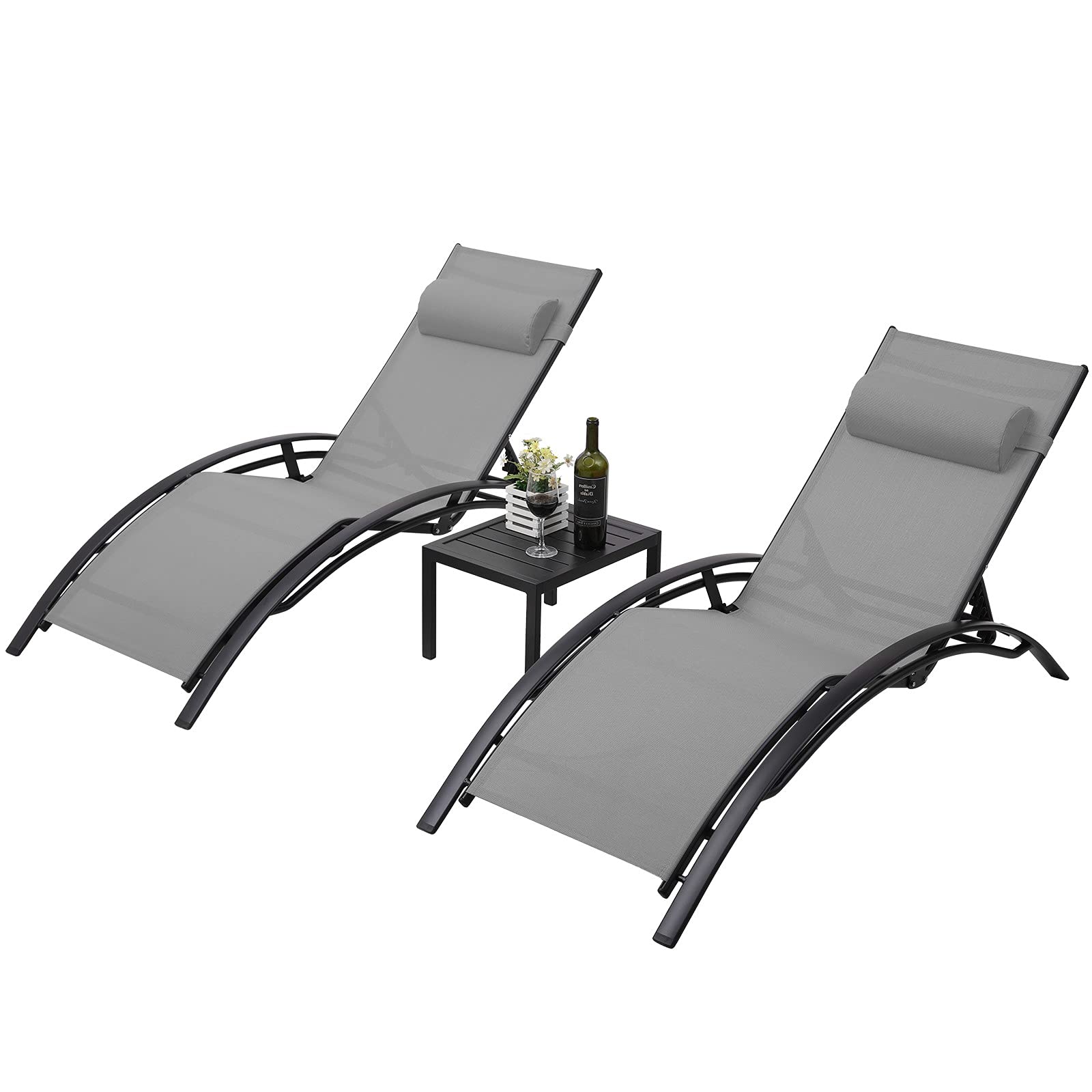 **AthLike 3-Piece Pool Chair Set with Headrest – 5-Level Adjustable Patio Chaise Lounge for Sunbathing & Tanning – Includes Side Table for Outdoor, Beach, Poolside (Grey) – Perfect for Relaxing by the Pool or Beach**
