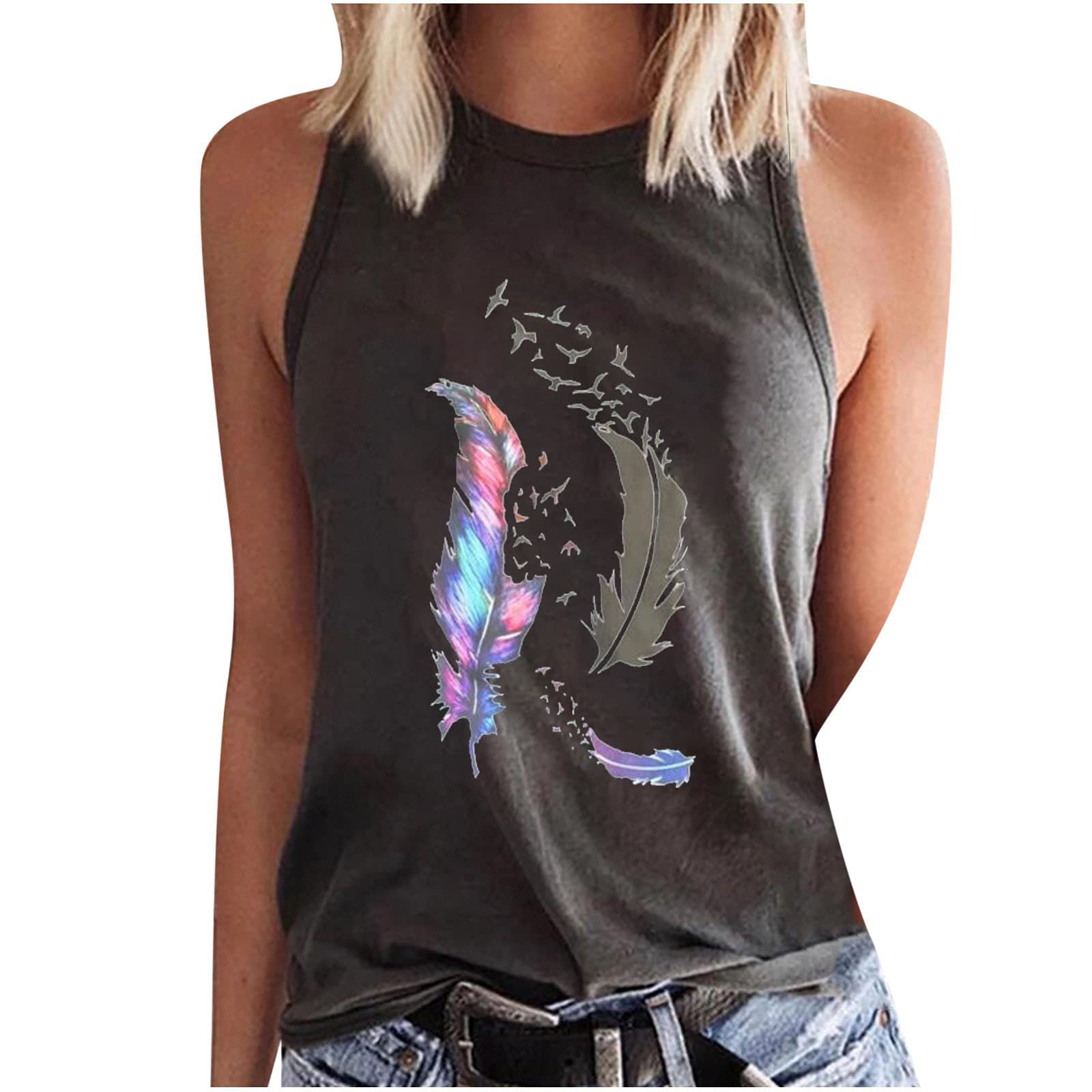 Vintage Feather Print Women's Loose Fit Crew Neck Sleeveless Tank Top - Casual Summer Graphic Tunic Blouse for Beach, Music Festivals & Boho Outfits