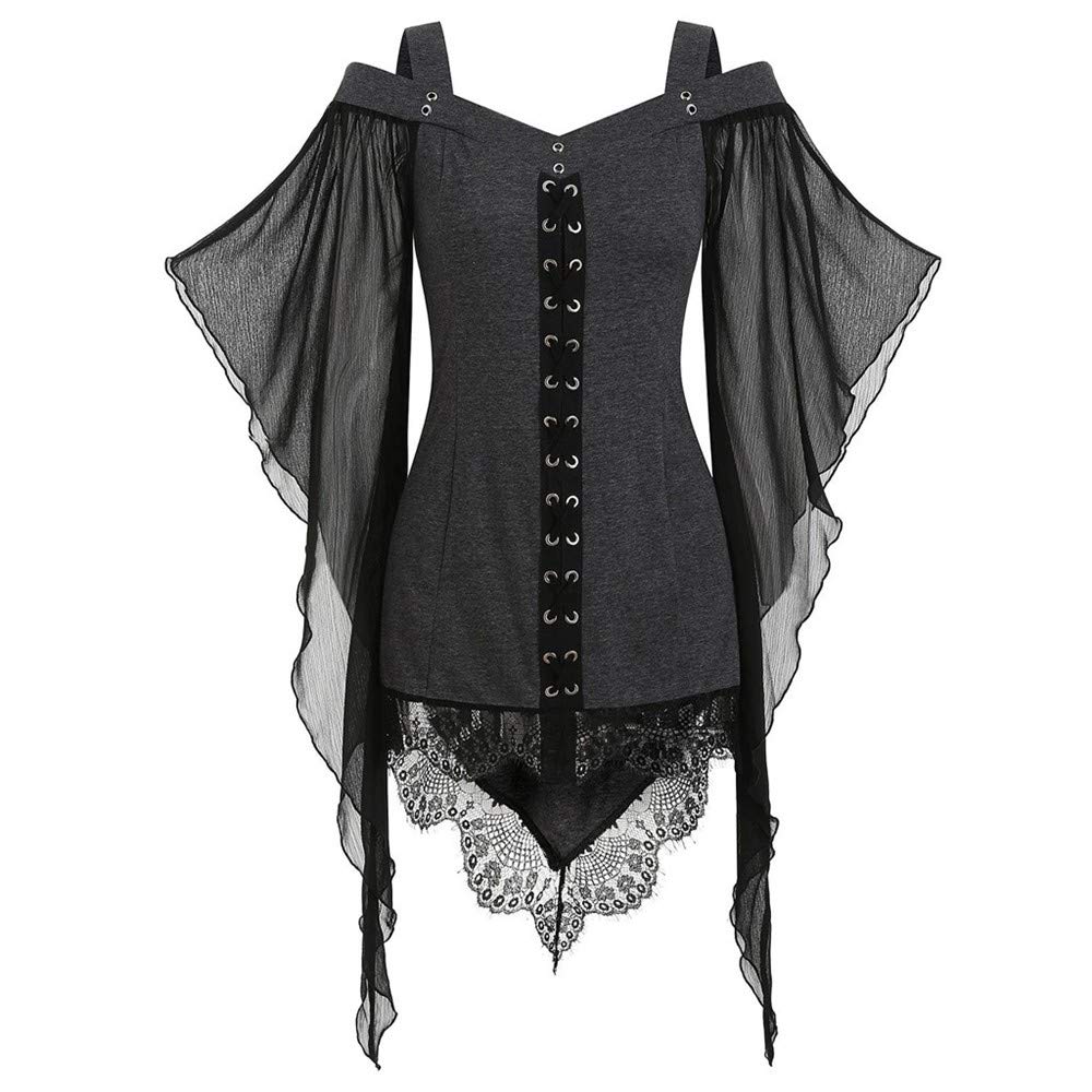 Aniywn Women's Gothic Sexy Lace Strappy Ruffle Club Dress - Cold Shoulder T-Shirt Top for Halloween Party, Cosplay & Night Out