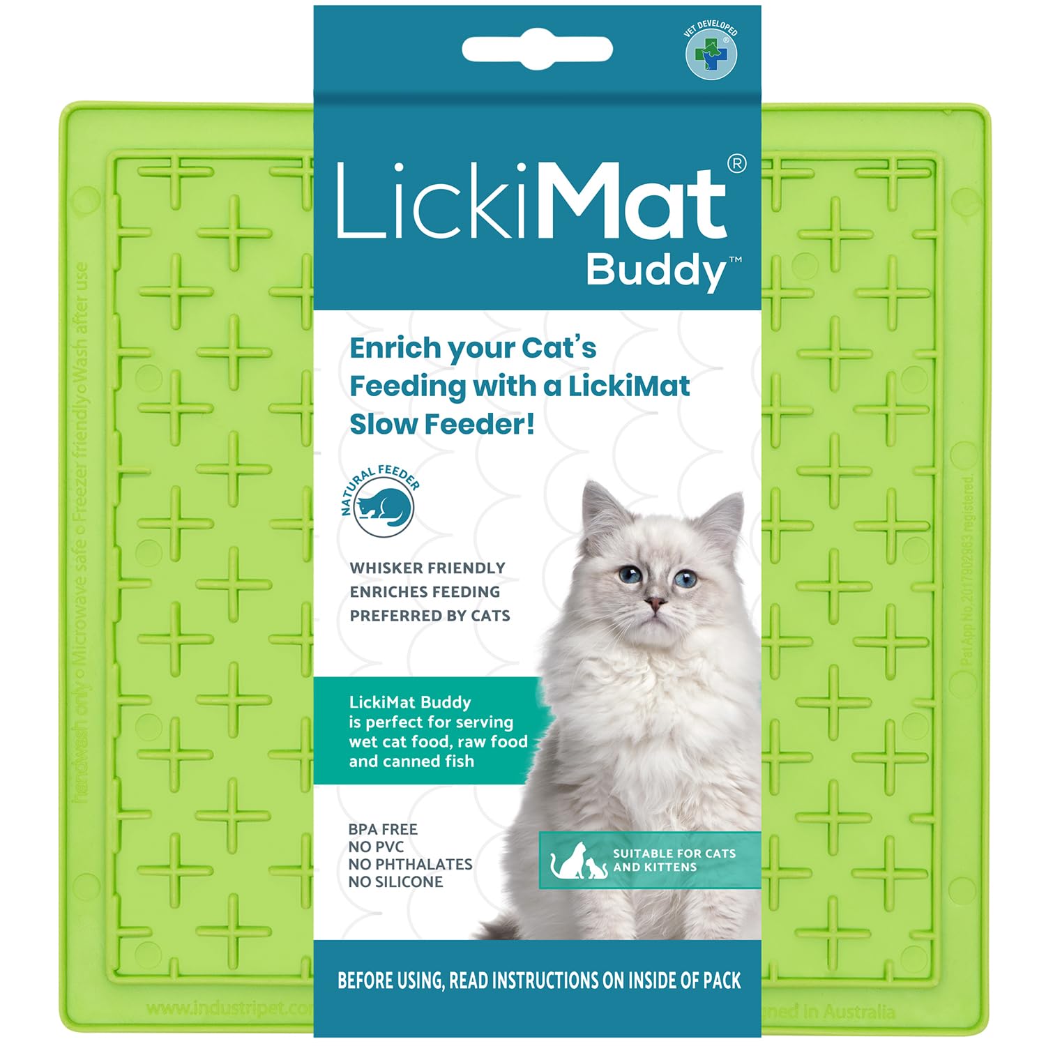 LickiMat Classic Buddy Cat Slow Feeder Lick Mat - Anxiety & Boredom Relief for Cats - Perfect for Wet Food, Treats, Yogurt & Peanut Butter - Fun Alternative to Slow Feed Cat Bowls (Green) - Great for Grooming, Vet Visits & Mealtime Enrichment