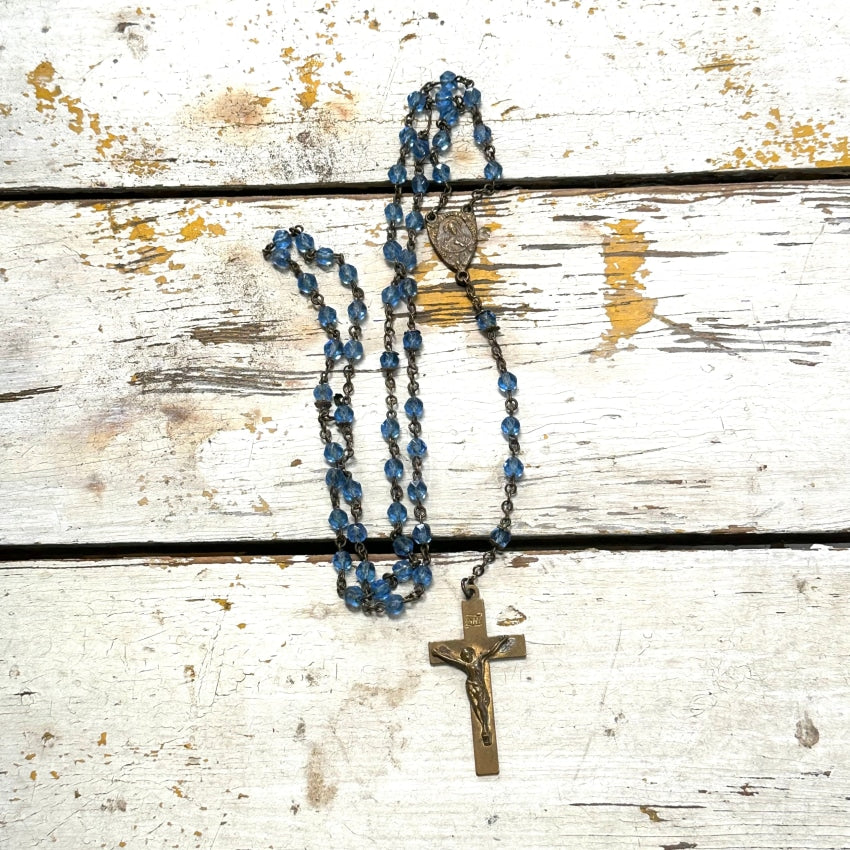 Vintage Brass Blue Glass Beaded Rosary - Smooth Wear Religious Jewelry for Prayer, Meditation & Catholic Devotion | Perfect Gift for Baptism, First Communion & Spiritual Protection