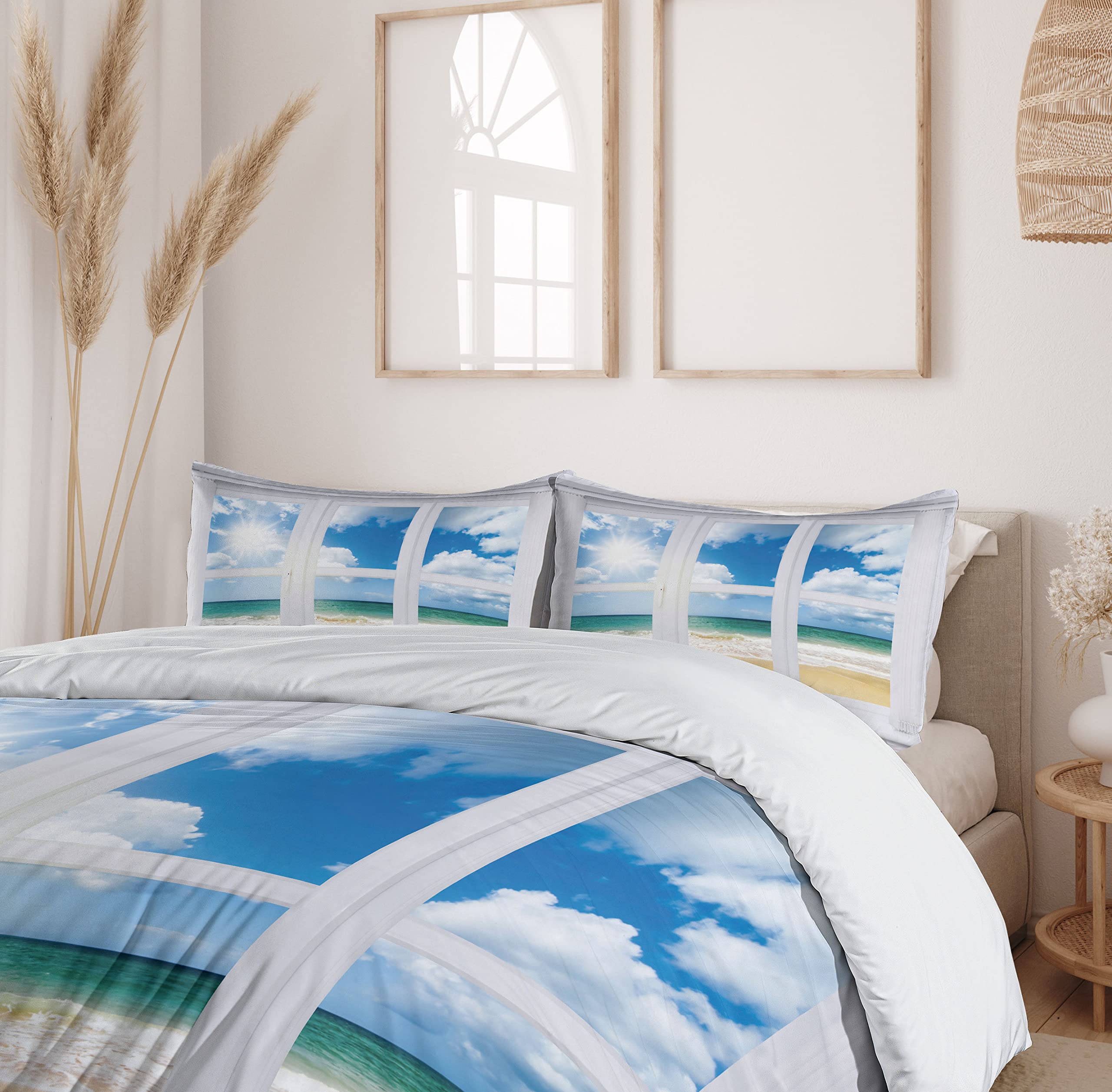 Ambesonne Beach Duvet Cover Set - Queen Size 3 Piece Coastal Bedding with 2 Pillow Shams, Ocean View & Sandy Cloudscape Design in Blue Teal Sand Brown - Perfect for Beach House Decor, Coastal Bedroom Theme & Vacation Home Styling