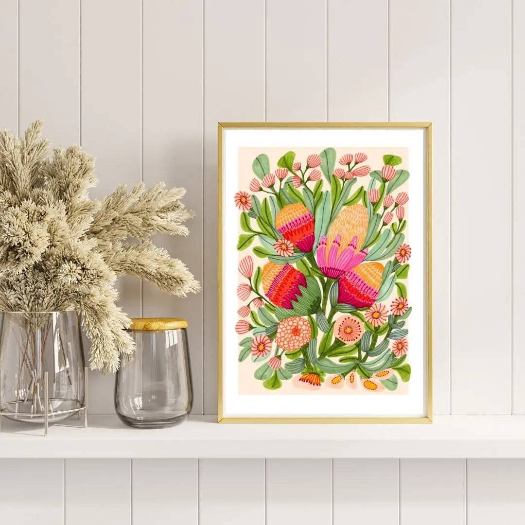 Protea & Gum Blossoms Botanical Art Print - Premium Floral Wall Decor for Living Room, Bedroom & Office | Nature-Inspired Home Decor Gift