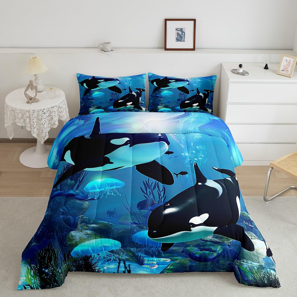 Teal Ocean Whale Comforter Set - Full Size Jellyfish & Killer Whale Bedding with 1 Comforter & 2 Pillowcases | Underwater World Theme | Orca & Marine Life Design | Perfect for Kids' Rooms, Beach Houses & Ocean-Themed Bedrooms