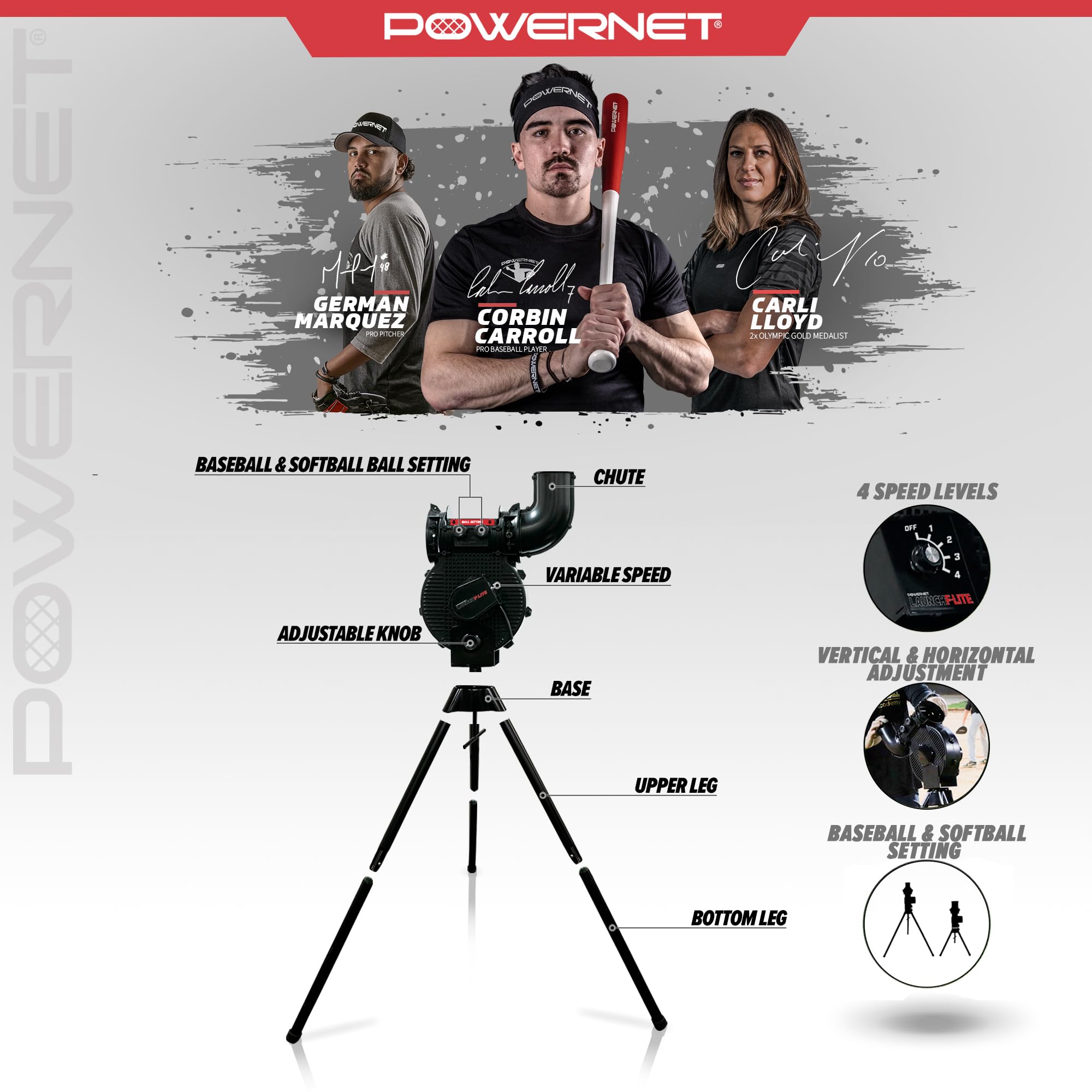 PowerNet Launch F-lite Softball & Baseball Pitching Machine with Dimpled Practice Balls & Bucket of Baseballs - Complete Coaching Bundle for Baseball Training | Perfect for Backyard Practice, Team Drills & Pitching Practice