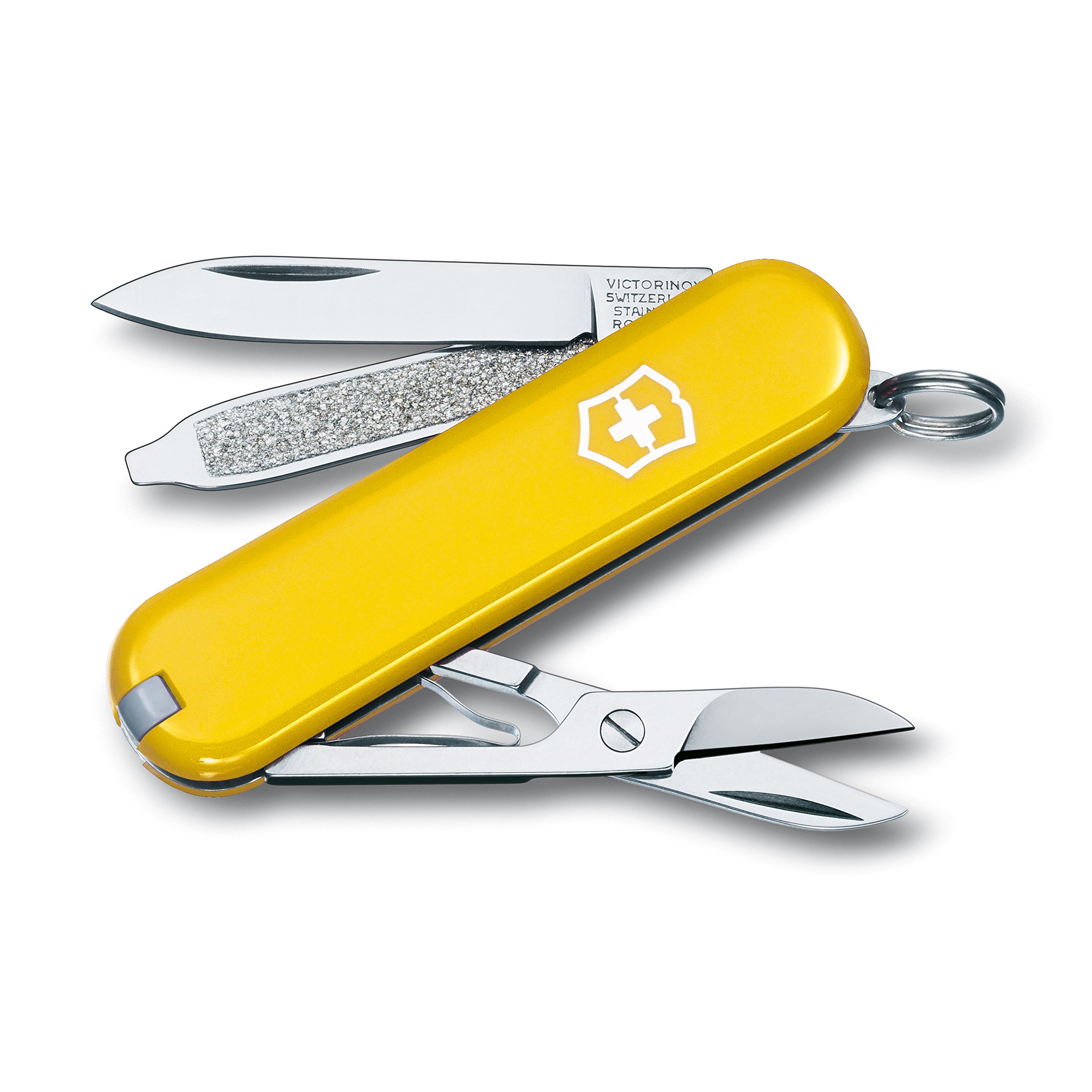 Victorinox Classic SD Swiss Army Knife - 7-in-1 Multi-Tool with Small Blade, Screwdriver & Key Ring | Compact Swiss Made Pocket Knife in Yellow | Perfect for Camping, Hiking & Everyday Carry (EDC)
