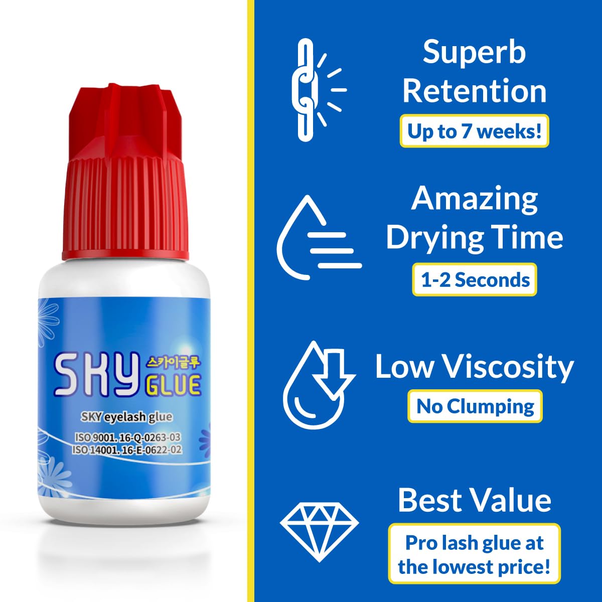 Professional Sky Glue for Eyelash Extensions S+ | Super Strong Black Eyelash Adhesive | Long Lasting Semi-Permanent Individual Lash Glue | Fast Drying with 7+ Week Retention (5ml) | Perfect for Salon Professionals & DIY Lash Extensions at Home