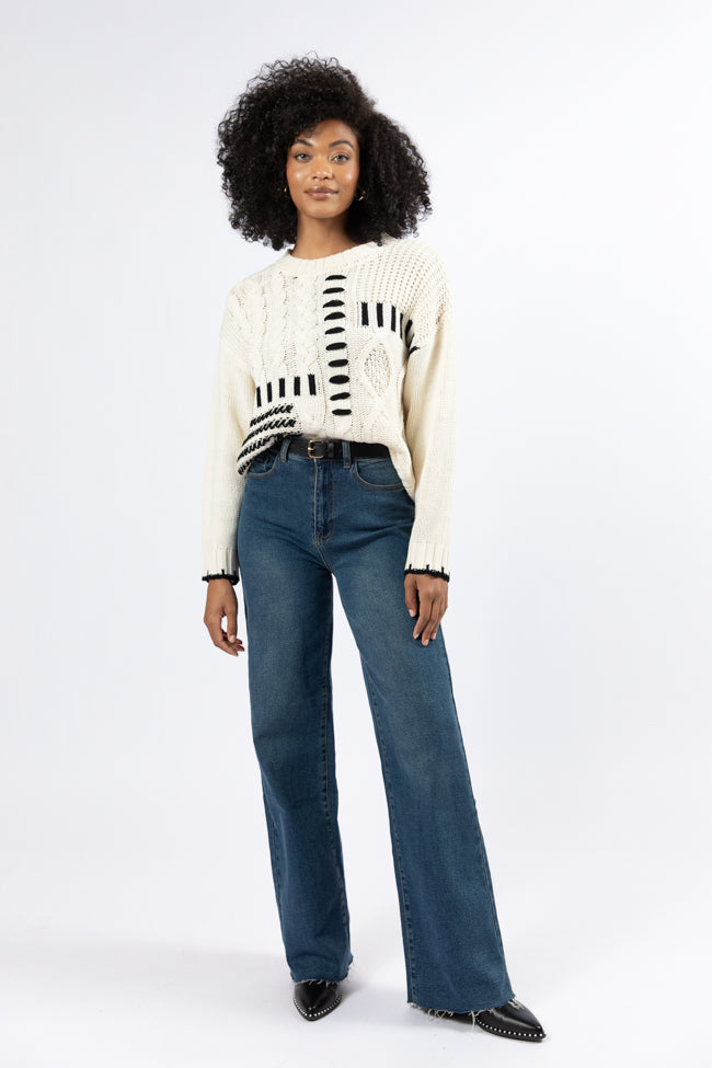 Ivory and Black Contrast Stitch Detail Sweater for Women - Cozy Knit Pullover with Unique Hand Stitching - Perfect for Fall Layering, Casual Outfits & Holiday Gatherings