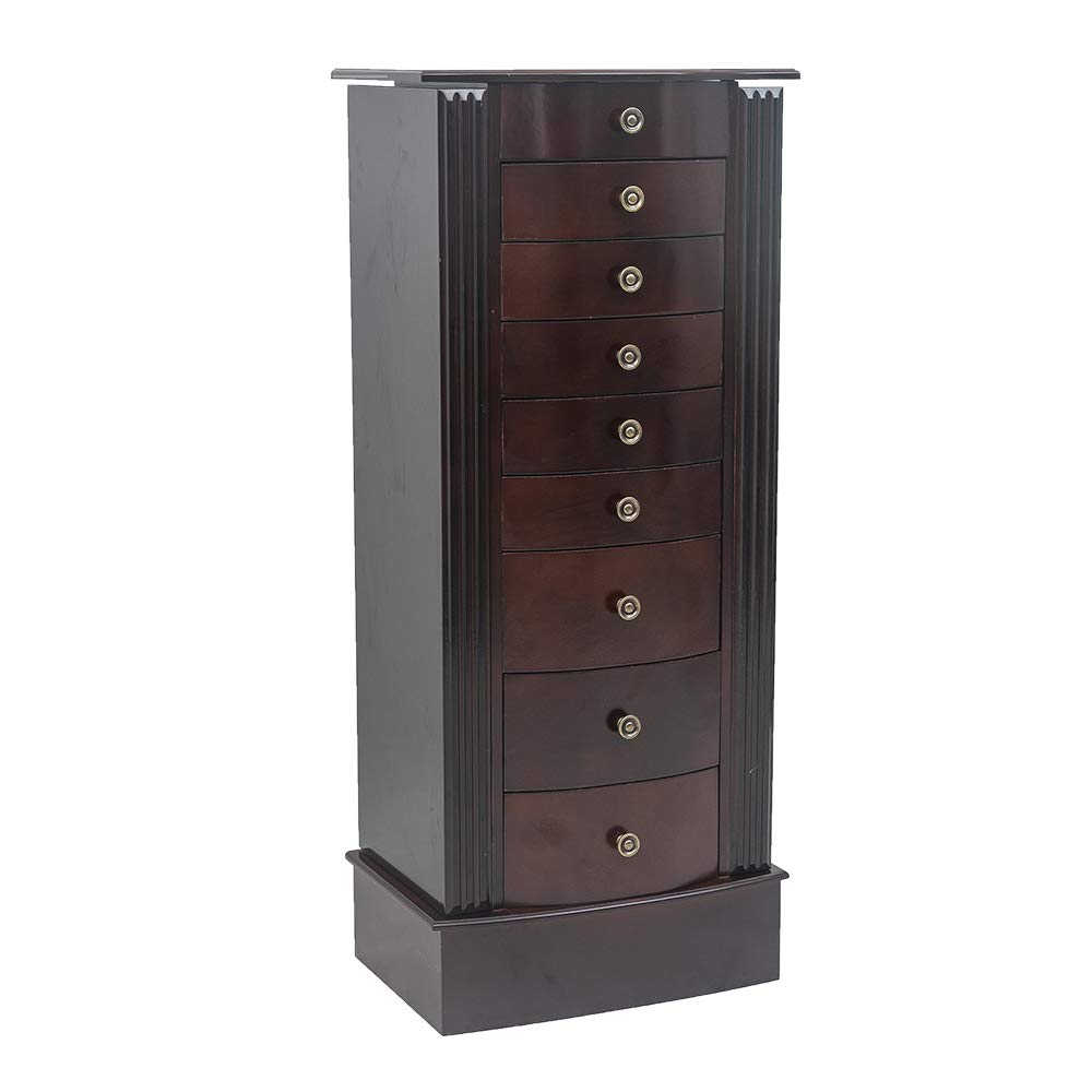 Wooden Jewelry Armoire Cabinet with 8 Drawers & Makeup Mirror - Free Standing Jewelry Organizer for Necklaces, Rings, Bracelets, Earrings & Cosmetics - Dark Brown Storage Chest for Bedroom, Closet & Dressing Room