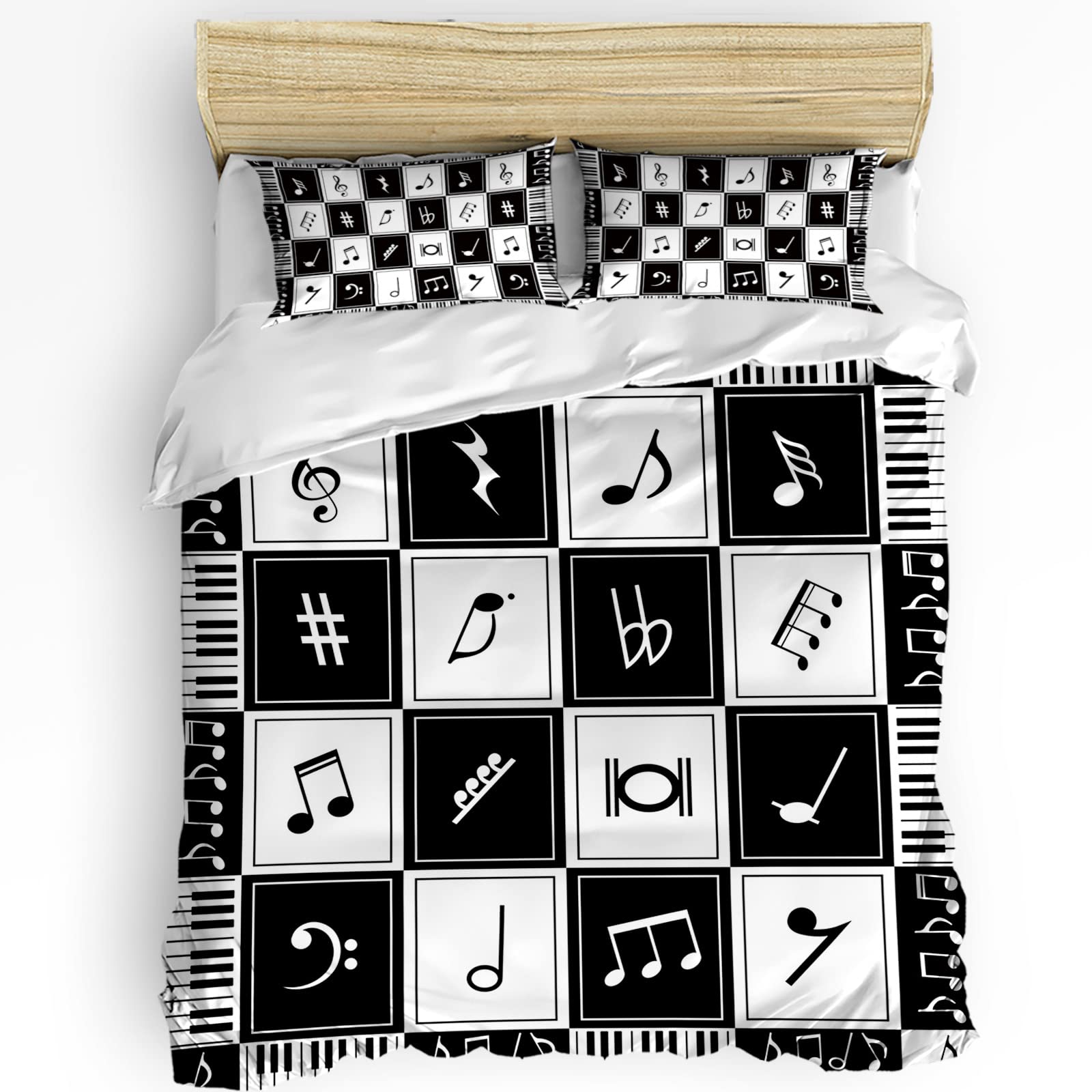 Premium Full Size Duvet Cover Set 3-Piece - Musical Note Pattern Bedding with Zipper Closure & Corner Ties - Soft Microfiber for Kids & Adults (1 Duvet Cover + 2 Pillowcases) - Perfect for Bedrooms, Dorms, Guest Rooms & Music Lovers' Decor