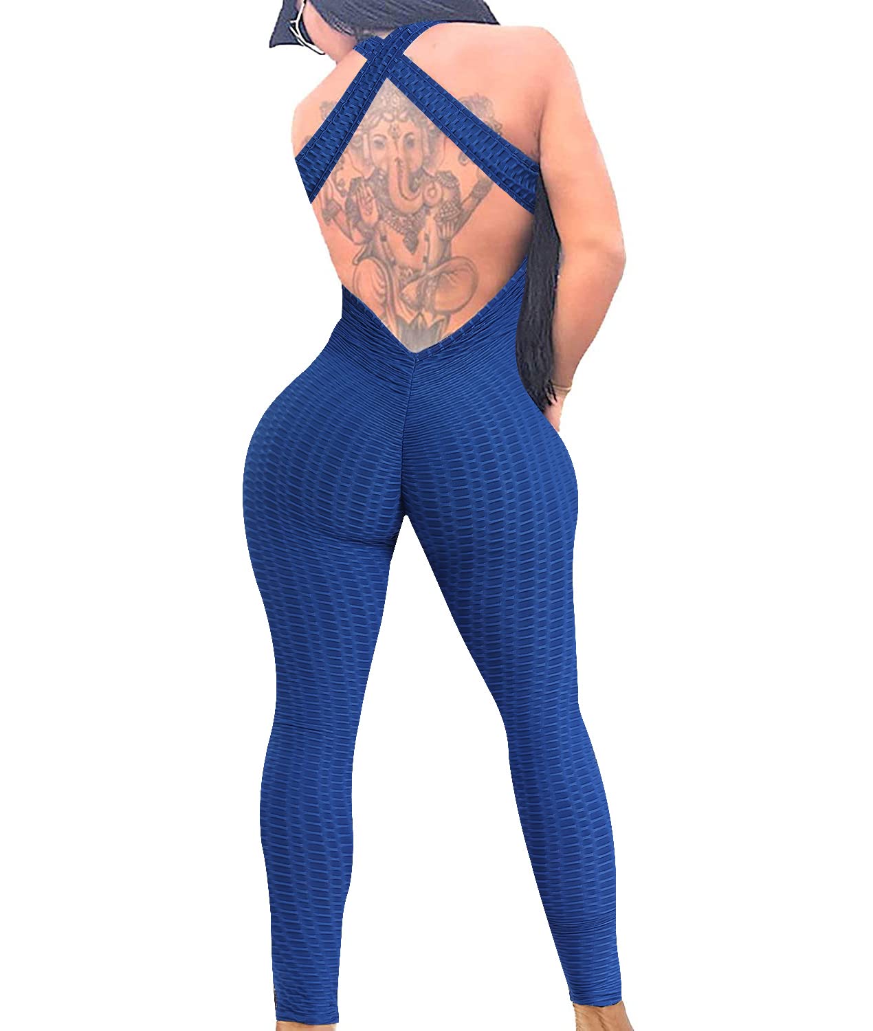 STARBILD Women's Butt Lifting Yoga Jumpsuit - Backless Sport Bandage Romper Playsuit, Sleeveless Textured Gym Bodysuit for Workout, Dance & Fitness Training