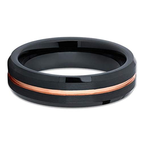 Rose Gold Tungsten Wedding Band - 18k Rose Gold Plated 6mm Comfort Fit Ring for Men & Women - Anniversary & Engagement Ring - Durable Black Tungsten Carbide Jewelry - Perfect for Weddings, Proposals & Special Occasions