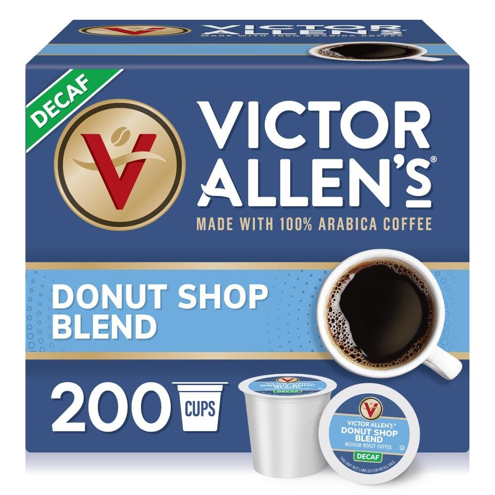 Victor Allen's Decaf Donut Shop Blend Medium Roast Coffee Pods - 200 Count K-Cup Compatible with Keurig Brewers | Perfect for Home, Office & Entertaining