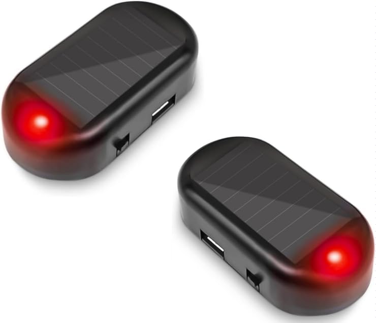 Solar Car Alarm Light - Anti-Theft LED Flashing Dummy Security Light with USB Charger (2pcs Red) for Vehicle Protection