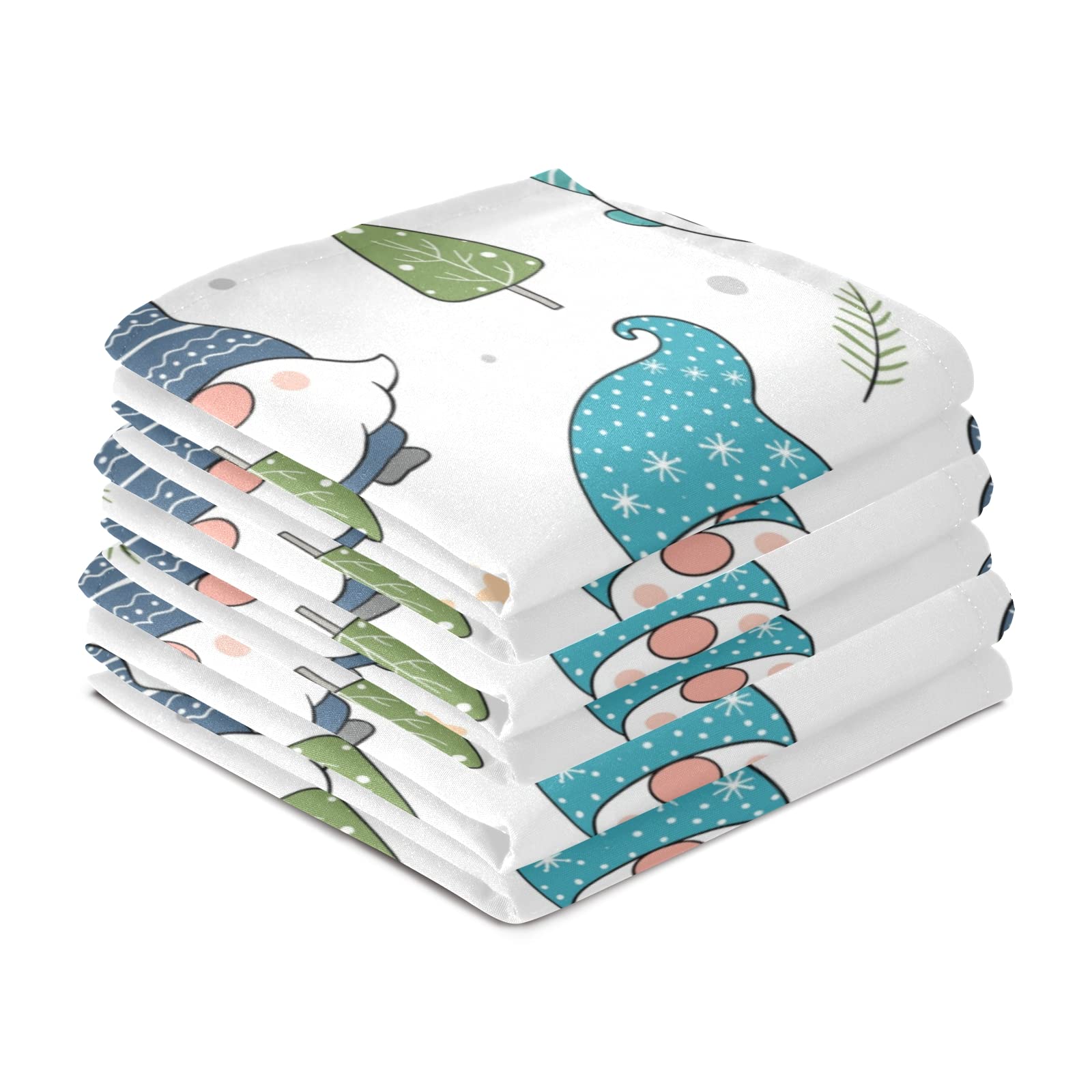 Adorable Christmas Winter Snow Gnomes Kitchen Dish Towels Set of 4 - Polyester Terry Cloth with Green Leaves Design, Hemmed Edges & Hanging Loop - Perfect for Holiday Decor, Dish Drying, Hand Towels & Tea Towels