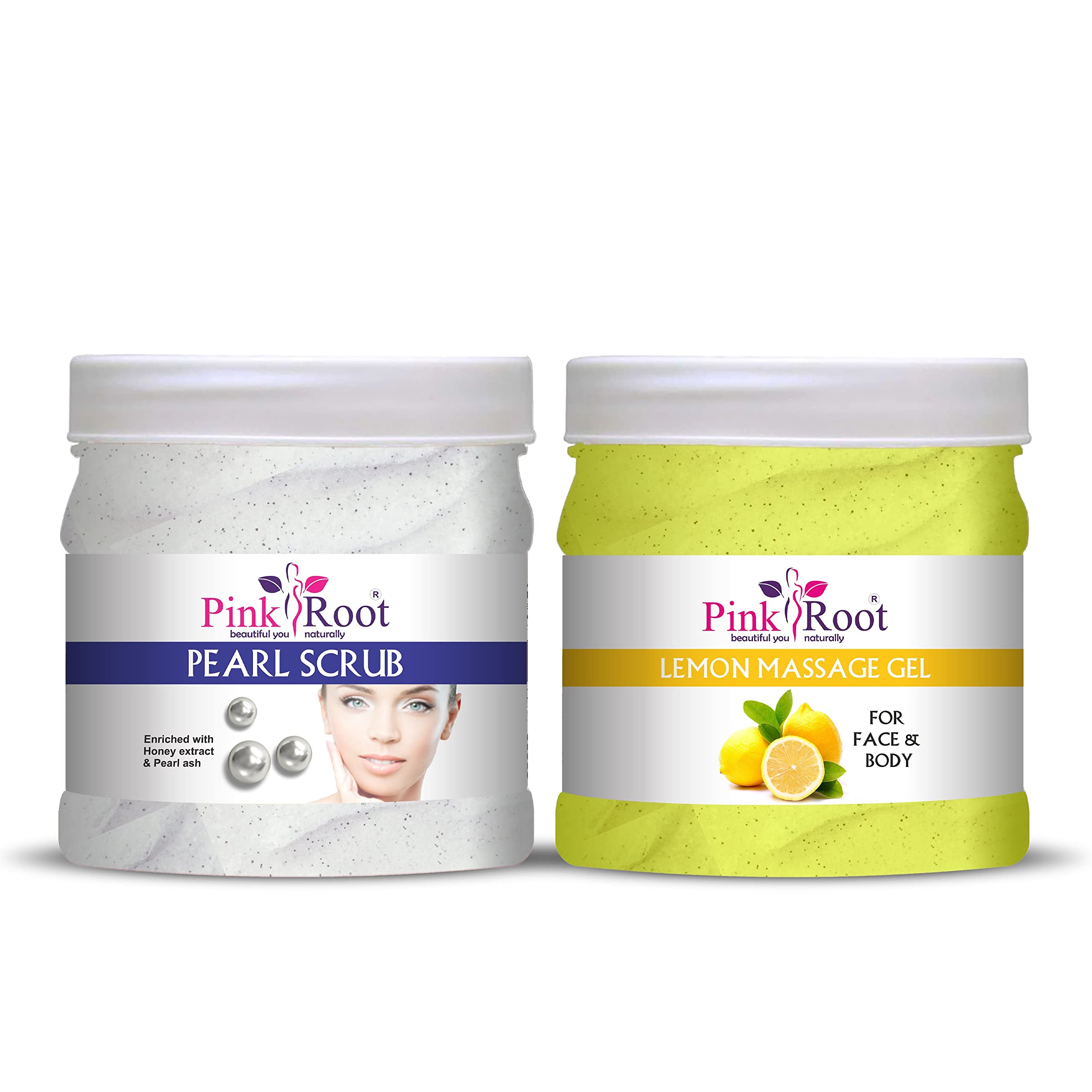 Pink Root Lemon Massage Gel & Pearl Scrub Set - 500ml Each - Exfoliating & Moisturizing Body Care for Spa, Relaxation & Skin Renewal