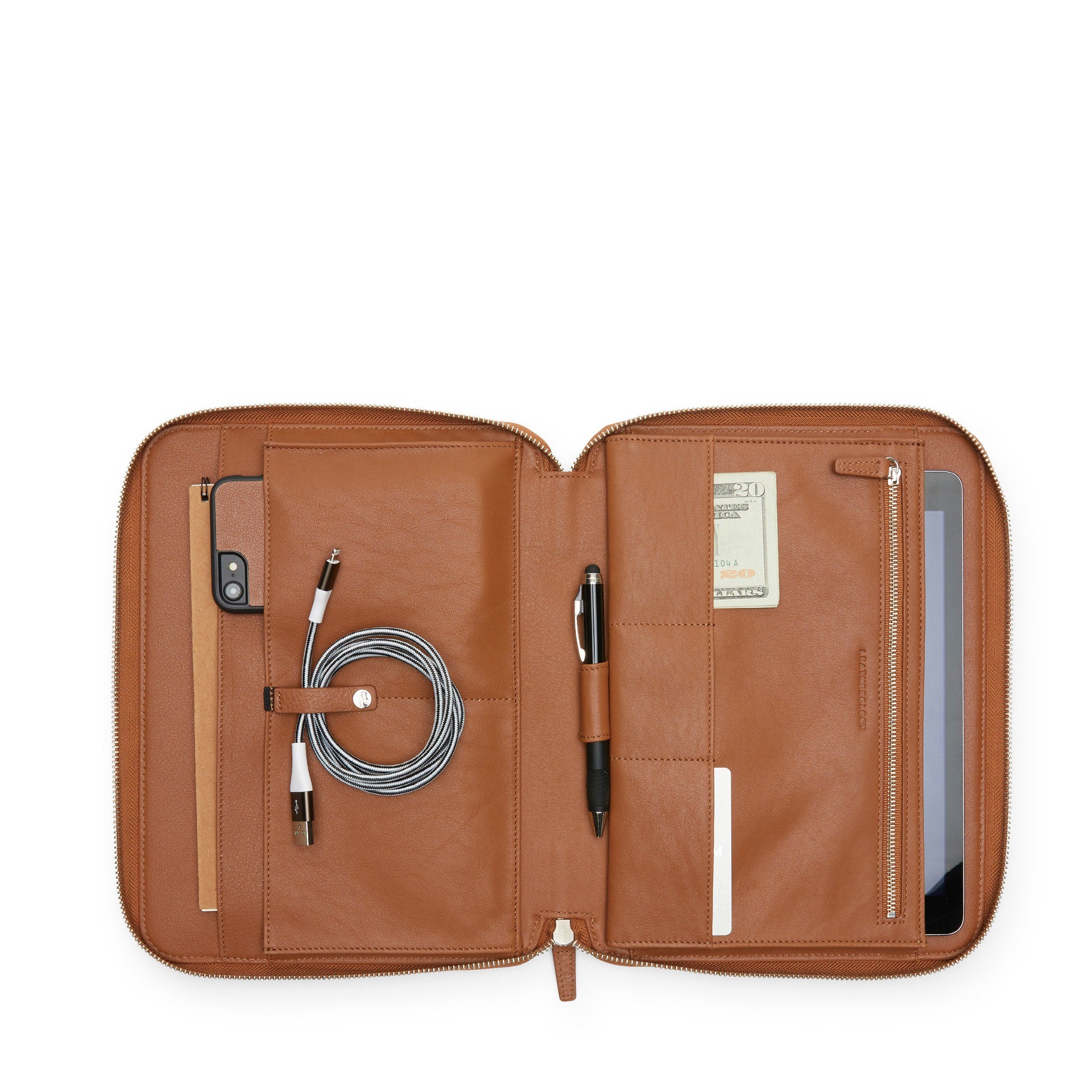 Premium Tech Folio Cognac Leather Laptop Briefcase - Stylish & Durable for Business Professionals, Office Commute & Travel Accessories