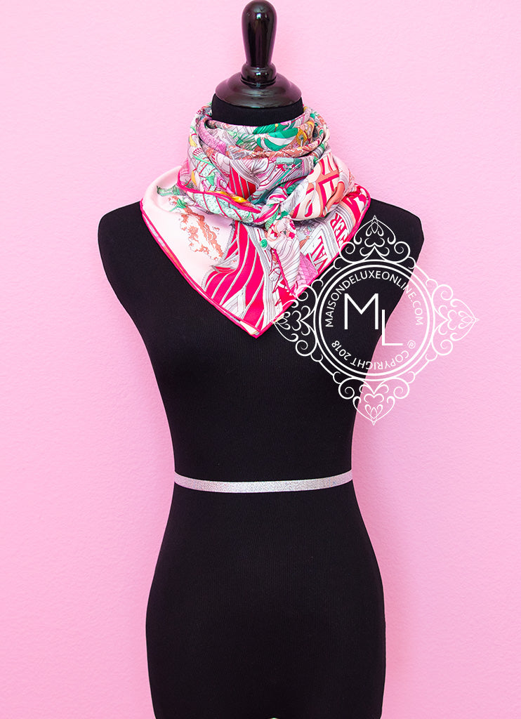 Authentic Hermes Pink Twill Silk 90cm Le Grand Prix du Faubourg Scarf - Luxury Fashion Accessory for Women, Perfect for Gifts, Parties & Elegant Occasions