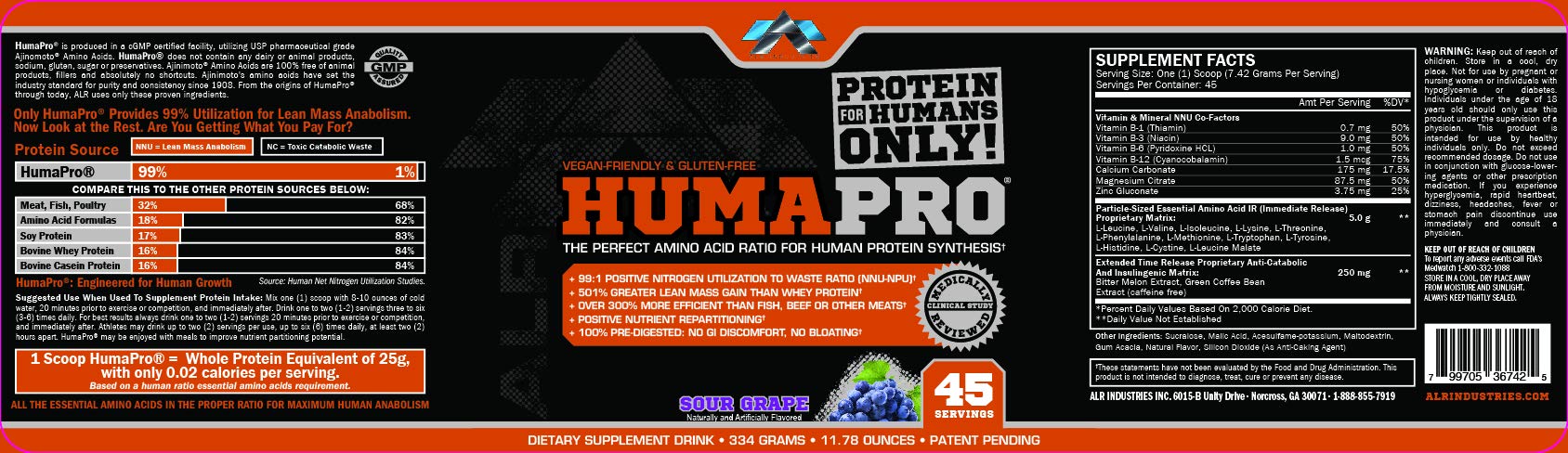 ALRI HumaPro Sour Grape Protein Powder - 334g (11.8oz) for Muscle Recovery & Workout Supplement | Pre & Post Workout Nutrition for Athletes & Bodybuilders