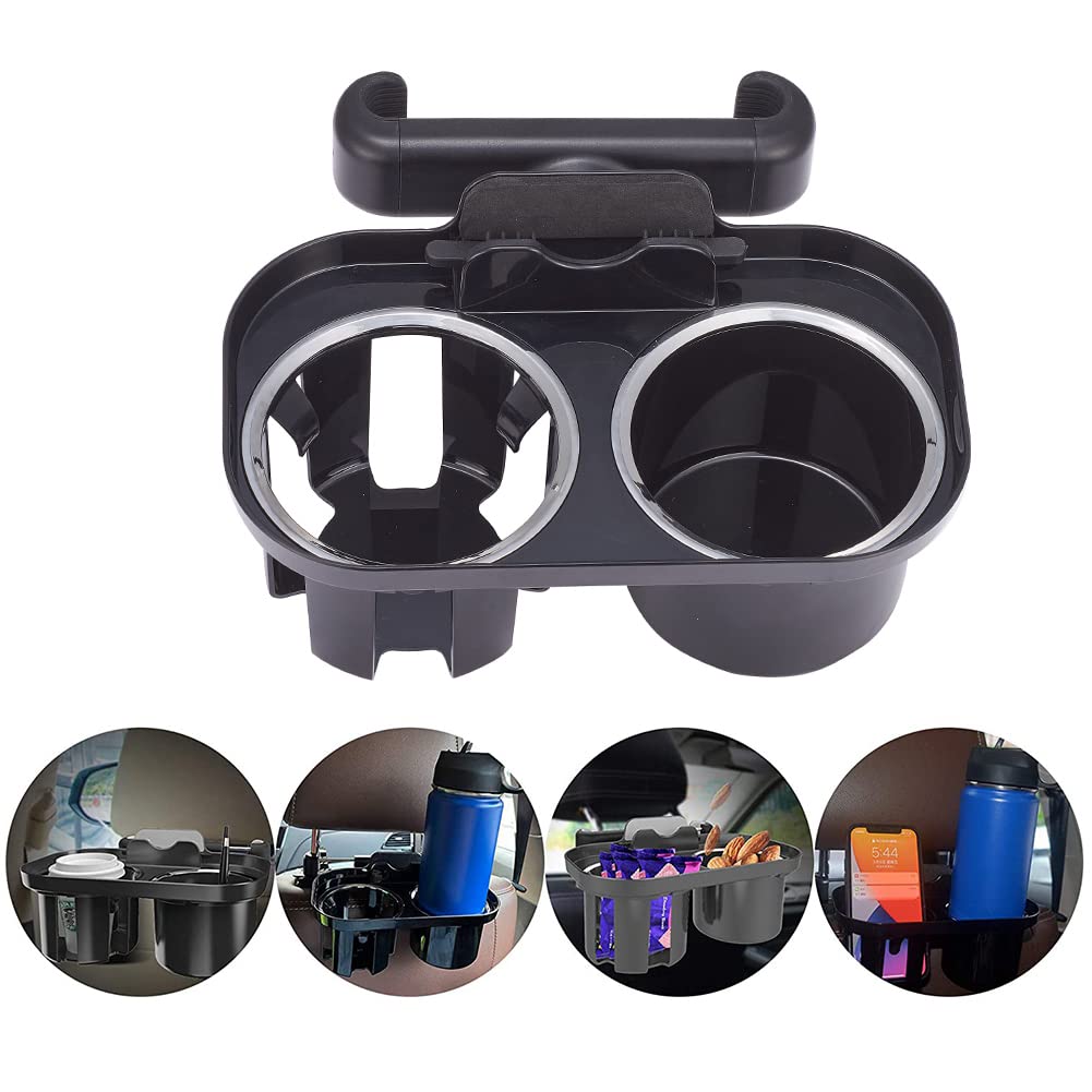 JSCARLIFE Universal Car Headrest Cup Holder & Seat Back Organizer - Dual Cup Holder & Snack Tray for Backseat, Car Interior Accessories - Perfect for Road Trips, Family Travel & Commuting