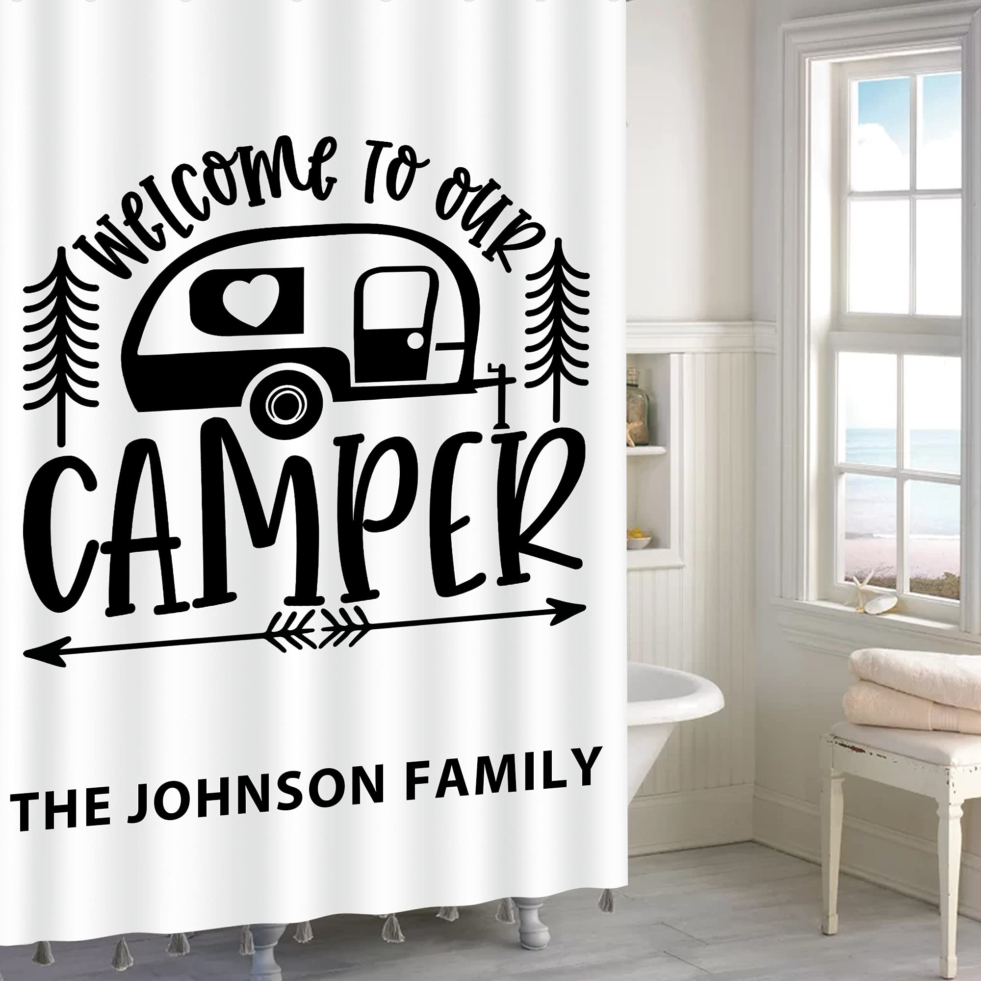 Custom RV Shower Curtain with Family Name - Happy Camper Decor for Travel Trailers | Camping Must-Haves