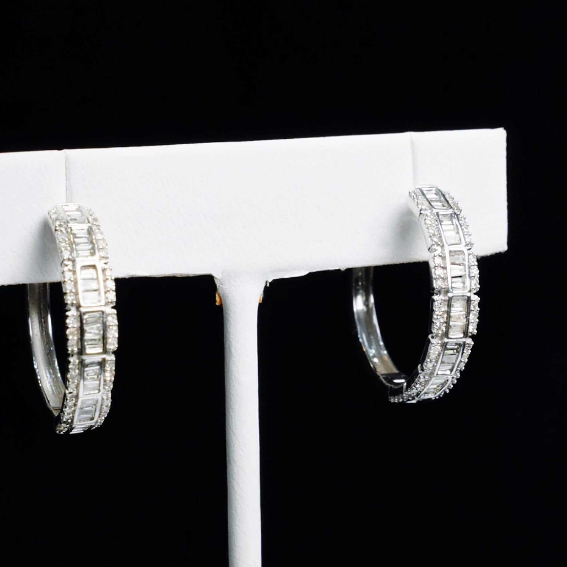 14K White Gold Baguette Diamond Hoop Earrings - 1 Inch Dainty Everyday Hoops for Women - Perfect for Work, Date Night & Special Occasions