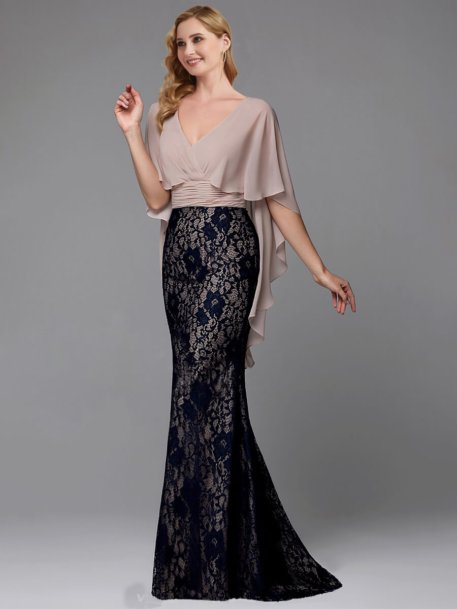 Elegant Black Taupe Lace Drape Shawl Sleeve V-Neck Floor Length Mermaid Mother of the Bride Dress - Perfect for Weddings, Formal Events & Special Occasions