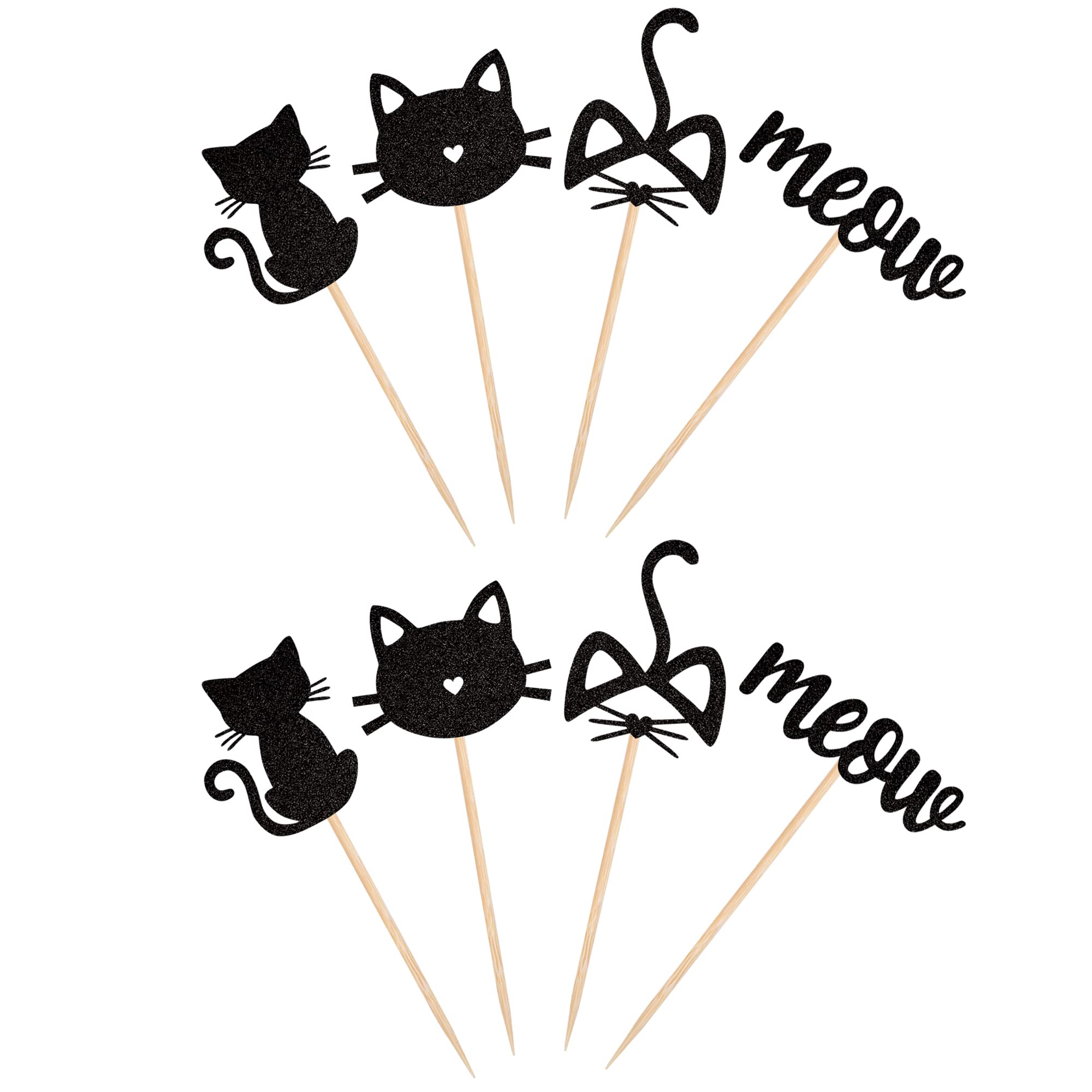 24 Pack Black Glitter Cat and Meow Cupcake Toppers - Kitten Theme Food Picks for Cat Lovers - Perfect for Baby Showers, Kids Birthdays, Wedding Cakes & Party Decorations