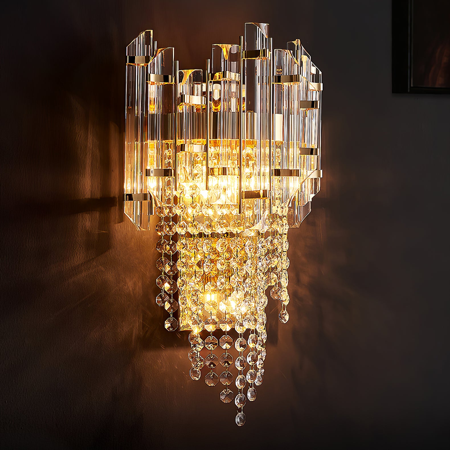 Crystal Tiered Wall Sconce - Elegant Clear Glass Light Fixture for Living Room, Bedroom, or Hallway Decor