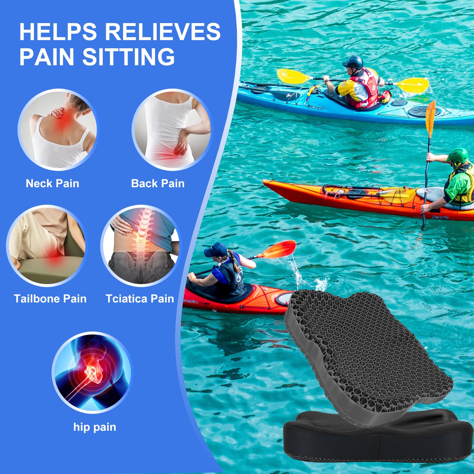 19.7in Thickened Gel Seat Cushion for Office Chair, Wheelchair & Car - Cooling Comfort for Back Pain, Sciatica & Tailbone Relief - Perfect for Long Sitting at Work, Driving or Home Use