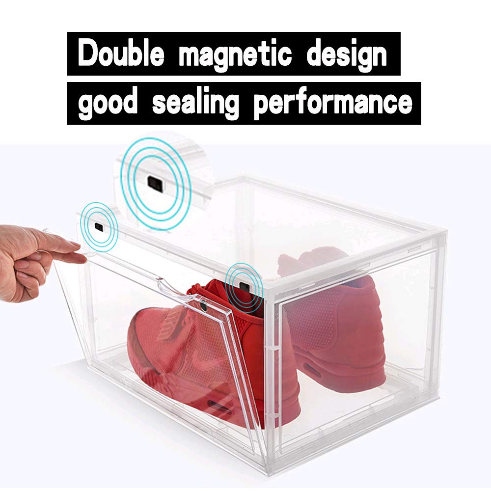 K.T.Z Magnetic Side Open Clear Plastic Shoe Storage Box - Stackable, Foldable Sneaker Organizer (14.2x11x8.7 Inch, D-Style Transparent, 8-Pack) - Perfect for Closet Organization, Shoe Rack Display & Sneaker Collection Storage