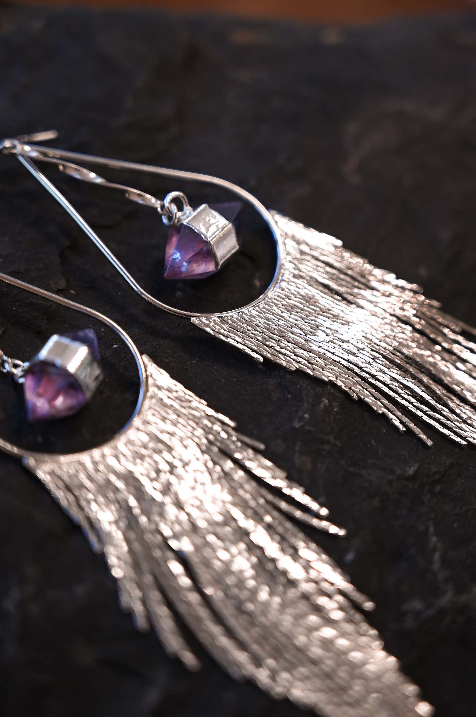 Amethyst Silver Fringe Earrings for Women - Elegant Bohemian Dangle Drop Jewelry for Party, Wedding & Everyday Wear